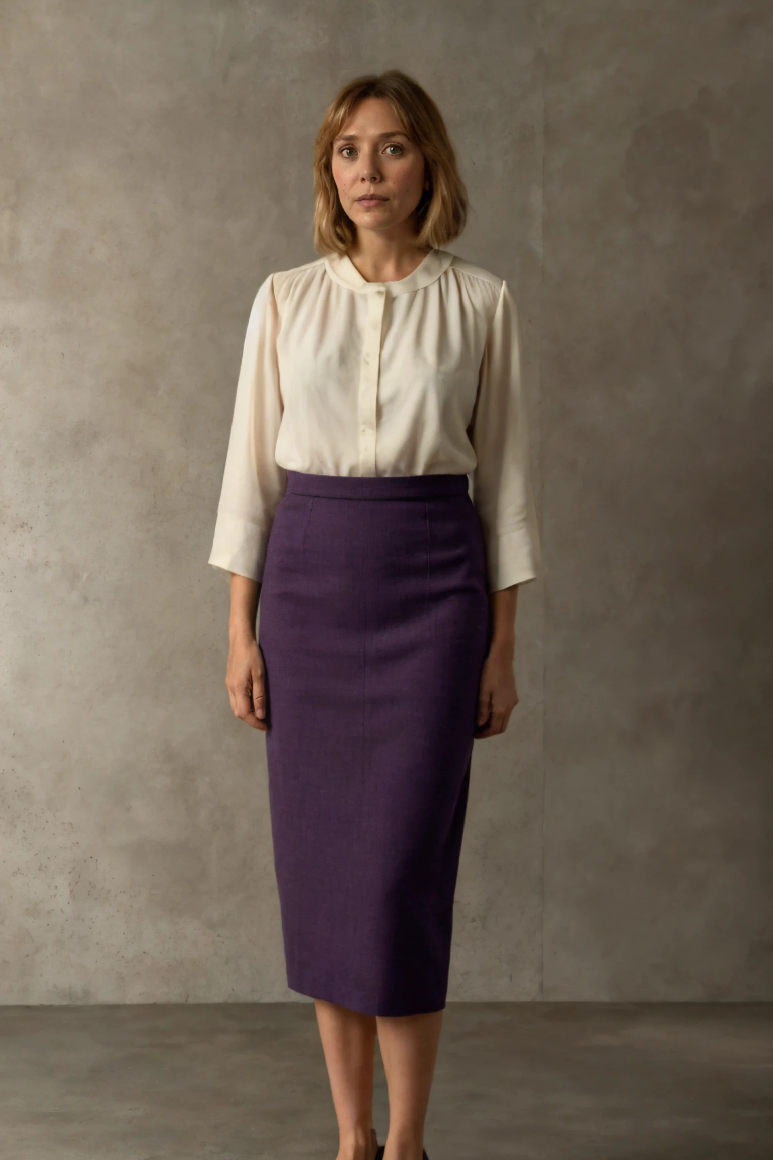 1girl, a woman in a white blouse and purple pencil skirt standing in an empty room, simple cement wall in the backdrop
 <lora:eo89_us_lora_v01:1> eo89