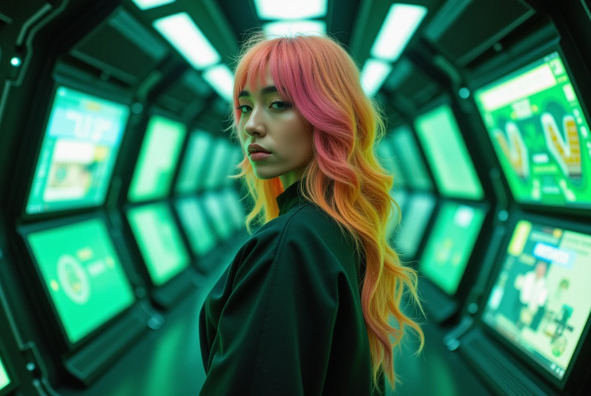 woman with rainbow colored hair in a shaggy wolfcut style standing in a space station with futuristic clothes and thigh high black leather boots looking at the viewer and over her shoulder is a hundreds of green glowing monitors, green lipstick, black eye shadow, dutch angle, small breasts, saggy breasts, eye patch