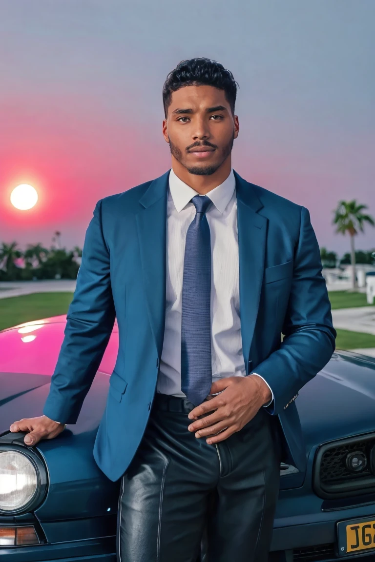 photo of a man, r0m3, facial hair, wearing jacket leaning on a car, leather pants, real 1990s black car, miami vice city background, (vaporwave style), (pink lights, blue hue), fog, sunset, night, palm trees, infinite highway, vaporware sun, muscular, realistic, highly detailed, realistic eyes, intricate details, detailed background, depth of field,   <lora:romesd15:.9>