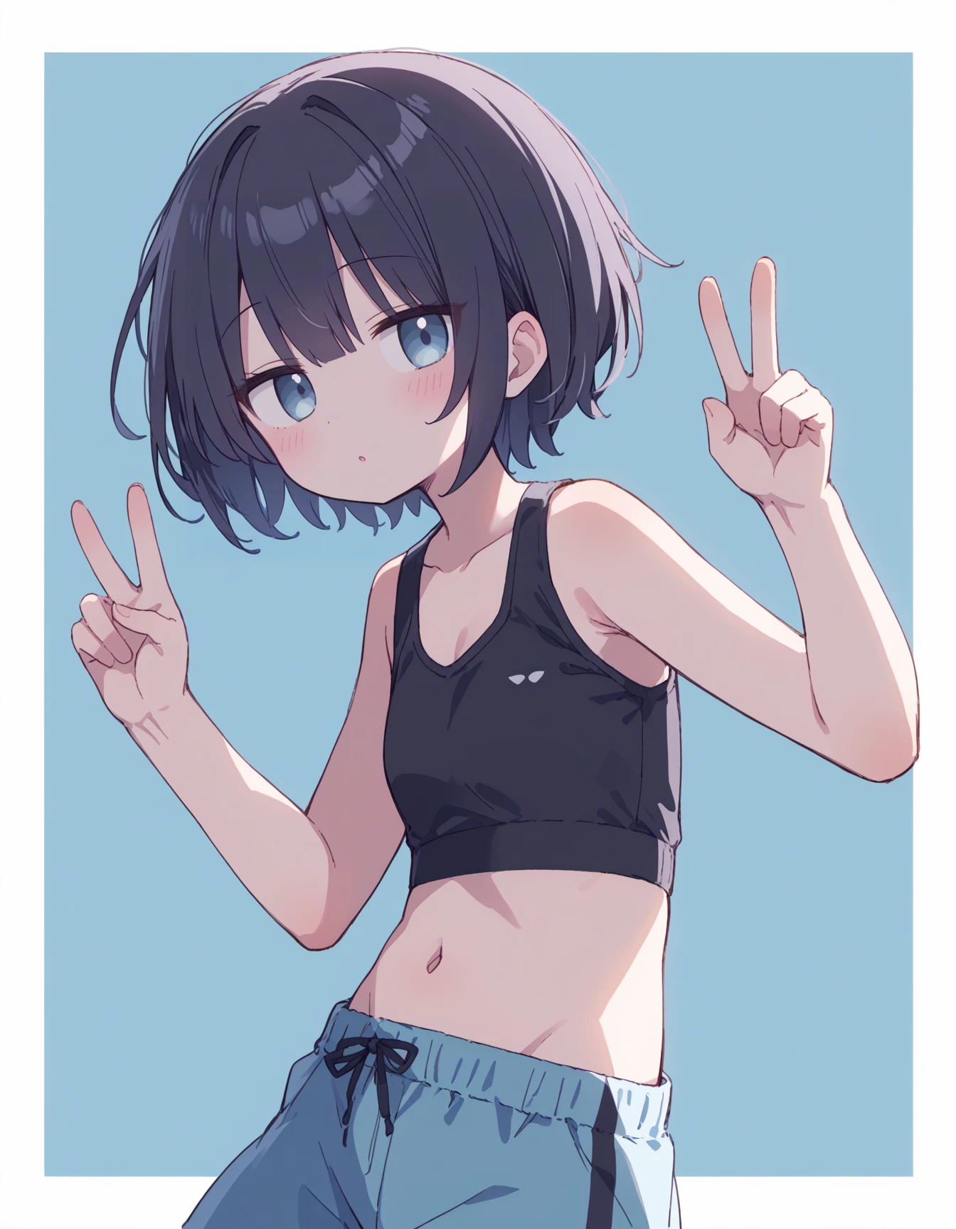 source_anime, best quality, 1girl, short hair, sports bra, (idol), double_v, from side, simple background, light blue background, outside border, dynamic angle,