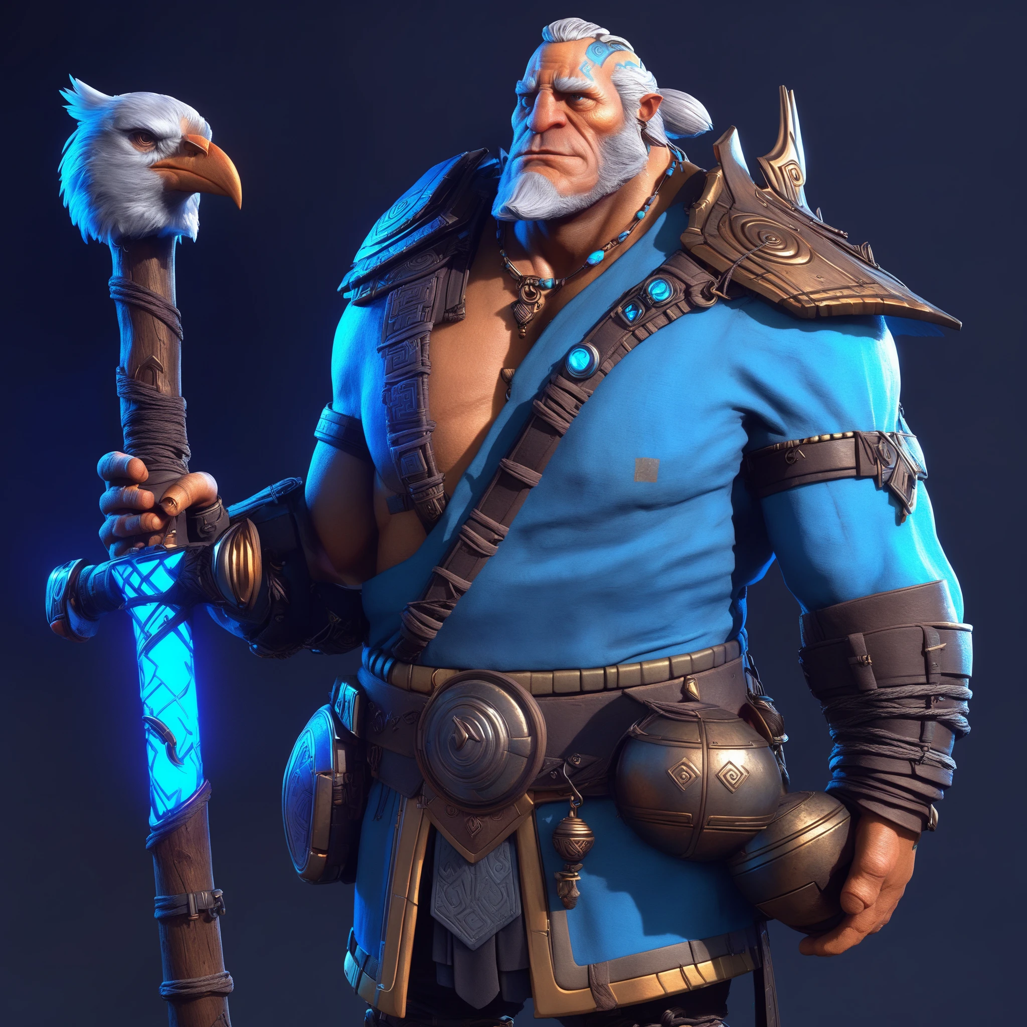 FRESHIDEAS,Viking character with an axe and blue glowing raven on his shoulder, concept art in the style of Atey Ghailan and Mary Blair, painted render in the style of dota2 game graphics