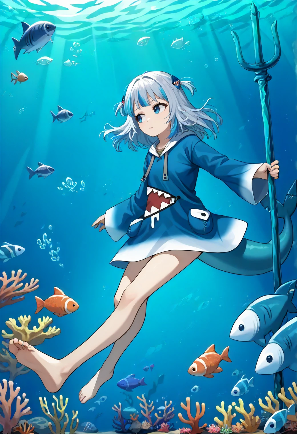 score_9, score_6_up, source_anime, 1girl, solo, underwater, gawr gura, blue hoodie, two side up, shark hair ornament, shark tail, trident, looking away, floating, fish, coral <lora:gawr_gura_sdxl_pony:1>