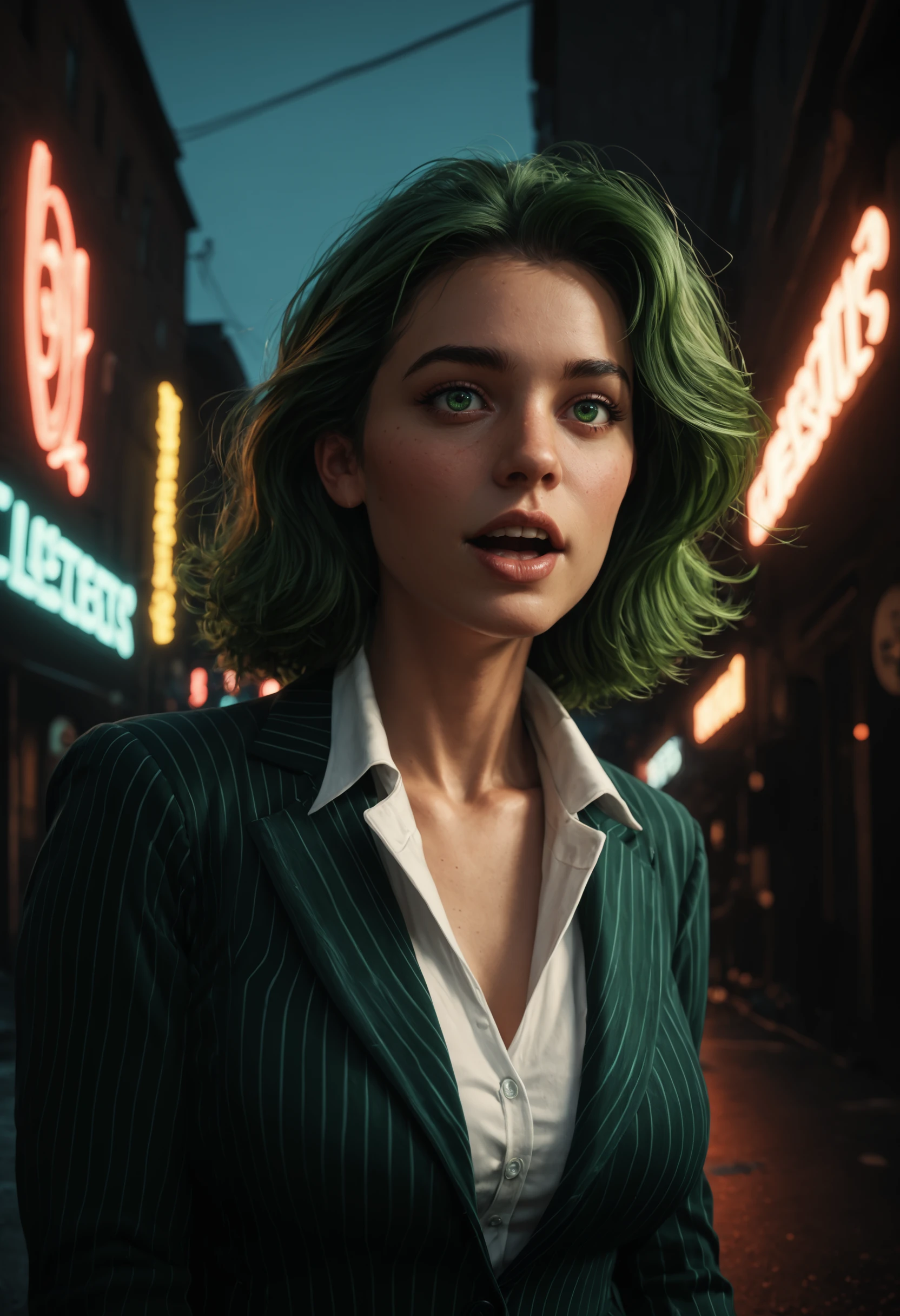 cinematic, highly professional, BREAK lo-fi, soft colors, Beetlejuice, Beetlejuice, Beetlejuice, Alex Brightman, 1girl, green eyes, green hair, female focus, large breasts, formal, suit, striped suit, white shirt, open mouth, solo, upper teeth only, outdoors, cinematic angle, cinematic lighting, neon lights, specular highlights, detailed face, detailed eyes, realism style , UHD, highly detailed, specular highlights, sidelighting, HD32K_NEON Score_PnyReal
