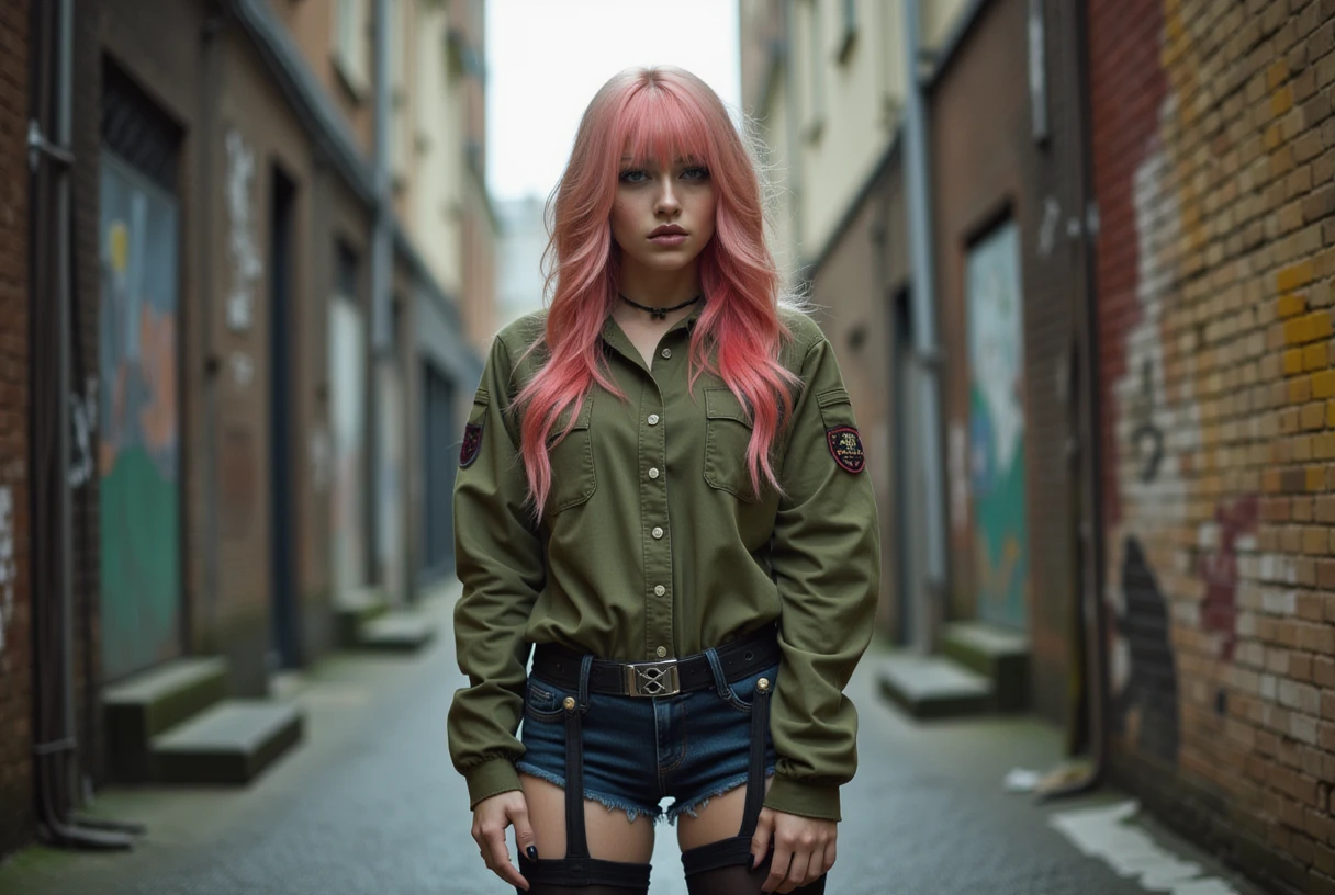 woman with multicolored rainbow colored hair in a shaggy wolfcut style standing in a grungy alleyway with military clothes and thigh high black leather boots looking at the viewer green lipstick, black eye shadow, dutch angle, small breasts, saggy breasts, eye patch