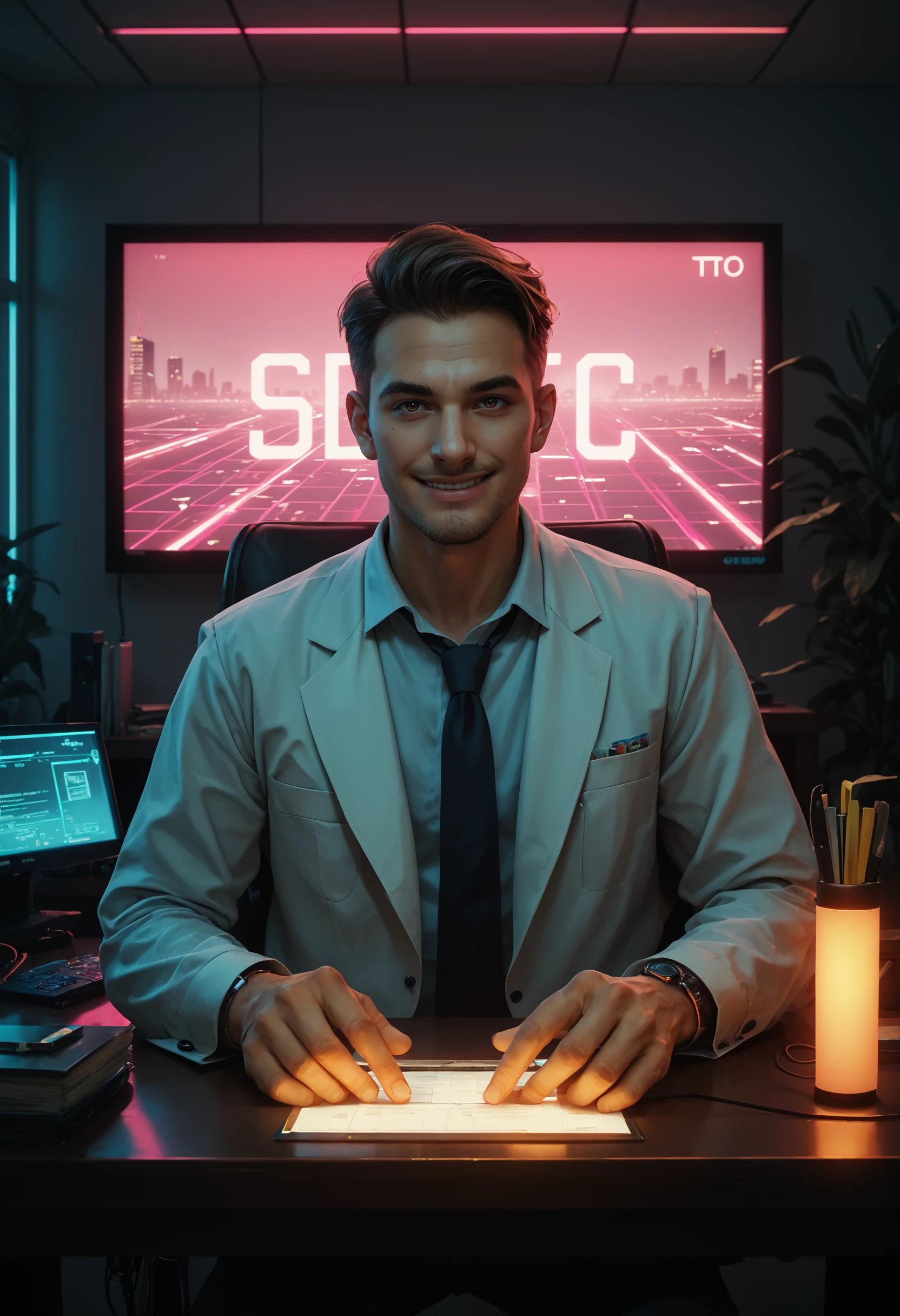 score_9, score_8_up, score_7_up, score_6_up, score_5_up, score_4_up, 1boy, male focus, solo focus, brown hair, brown eyes, smile, facial hair, stubble, looking at viewer, full body, indoors, professional office, a singular professional CEO desk, minimalist, blue and yellow theme with neon, pink gradient neon overlay, film grain, cinematic photography, vaporwave gradient lights, futuristic, dusk theme, still, yellow track lights, electric light wires, neon outlines, centered, cinematic lighting, desktop wallpaper, neon theme, cyberpunk, video game aesthetic, wide shot, office scene, twitch stream, TV studio