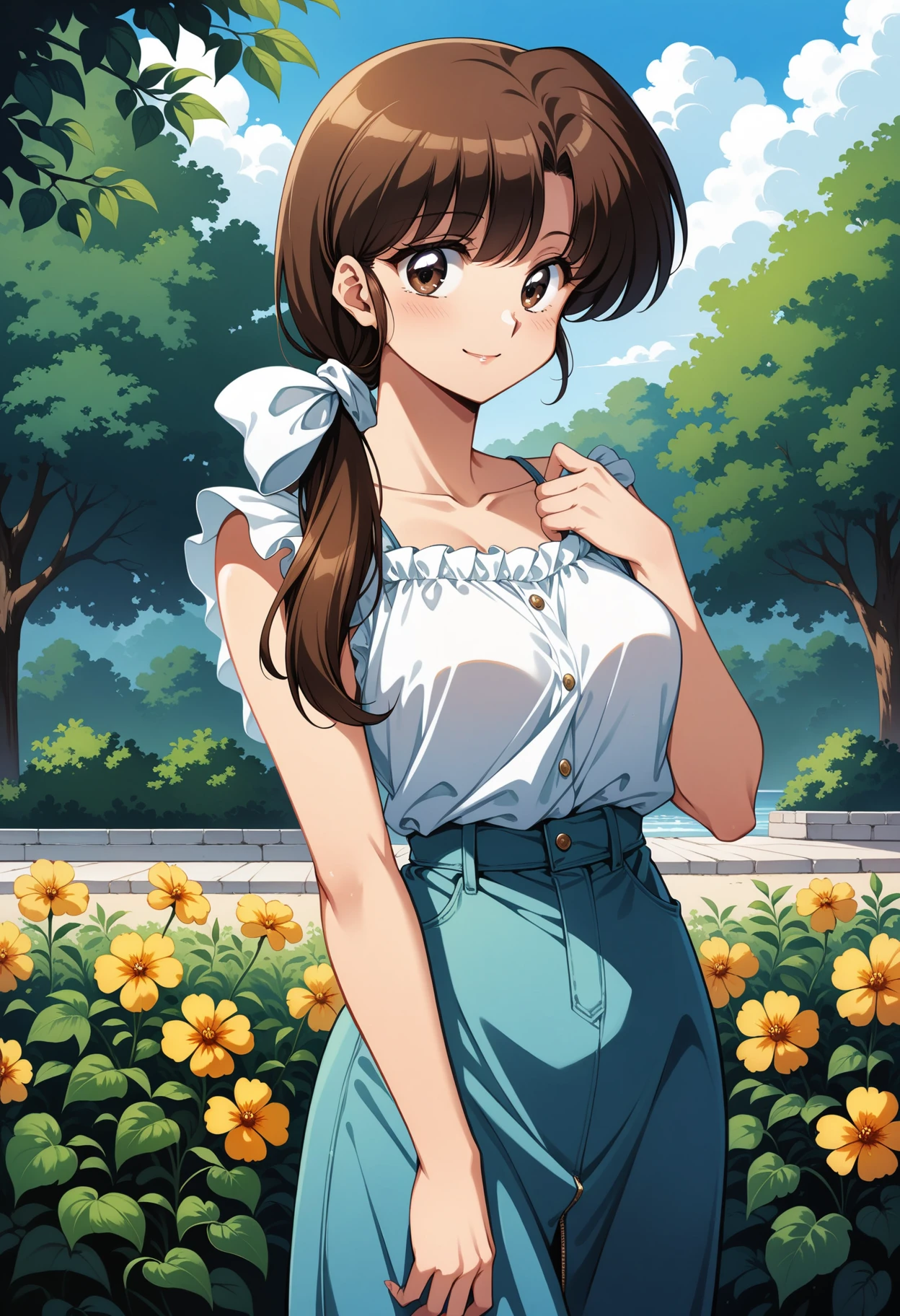 (masterpiece, best quality, very aesthetic, ultra detailed), intricate details, 4k, aakasumi, hair over shoulder, brown hair, brown eyes, long hair, medium breasts, low ponytail, <lora:tendou_kasumi_animagine_v1:0.9>, casual, smile, standing, cowboy shot, outdoors