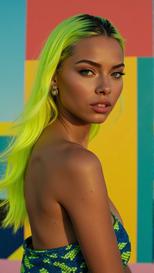 full body shot, most beautiful on earth naked 24 years old model, digital photo, high contrast, iridescent, heavy makeup, lashes, metallic glitter in green and gold, meticulous detail, dramatic lighting, perfect eyes, natural skin