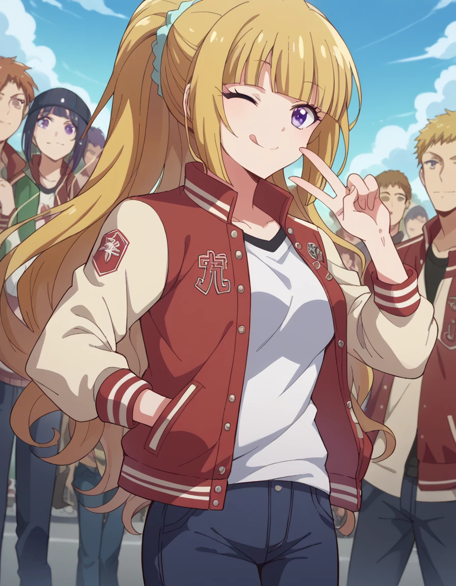 score_9, score_8_up, score_7_up, source_anime, keikaruizawa, <lora:kei-karuizawa-anime-s2-ponyxl-lora-nochekaiser:1>, kei karuizawa, long hair, bangs, blunt bangs, purple eyes, blonde hair, hair ornament, ponytail, scrunchie, blue scrunchie, medium breasts,, <lora:letterman-jacket-ponyxl-lora-nochekaiser:1>, letterman jacket, jacket,, outdoors, crowd, people, v, v over eye, one eye closed, tongue out, smile, beanie, pants, open clothes, open jacket,, cowboy shot, solo, looking at viewer, dutch angle,