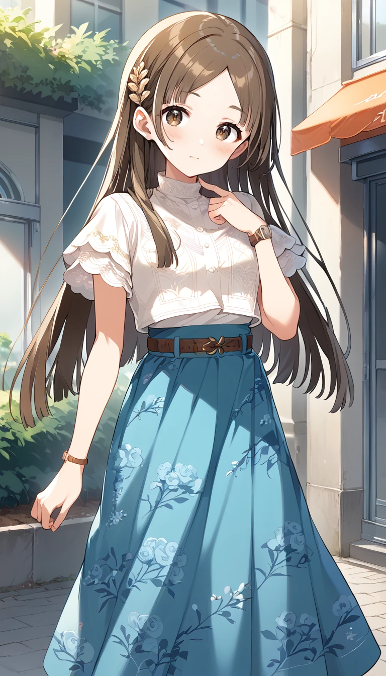 score_9,score_8_up,score_7_up,
official art,official style,game cg,megami magazine,
kuramoto china,
aqua skirt, bangs, belt, blue skirt, blush, brown belt, brown eyes, brown hair,
floral print, hair ornament, long hair, parted bangs, shirt, short sleeves, skirt, long skirt,
very long hair, watch, white shirt, wristwatch,
1girl,solo,
standing,
<lora:idolmaster_kuramoto_china_pony_v1:1>,