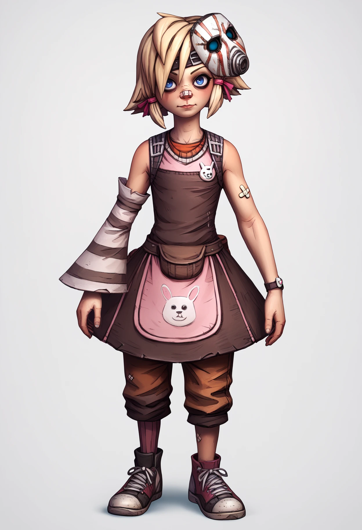 score_9, score_8_up, score_7_up, BREAK
1girl, tinytina, blonde hair, short hair, blue eyes, mask on head, bandaid on nose,
apron, boots, detached sleeves, pants, sneakers,
full body, standing, looking at viewer, solo, simple background, white background     <lora:TinyTinaXL:1> <lora:BorderlandsXL:1>