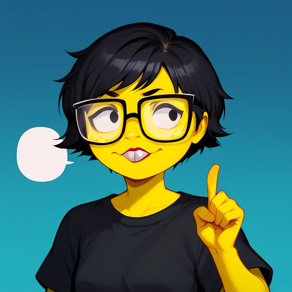 score_7_up, BREAK, NerdEmoji, 1girl, solo, black hair, short hair, buck teeth, yellow skin, glasses, black shirt, index finger raised, speech bubble, upper body,  <lora:NerdEmoji_PXL_Leaf1:1>, blue gradient background,