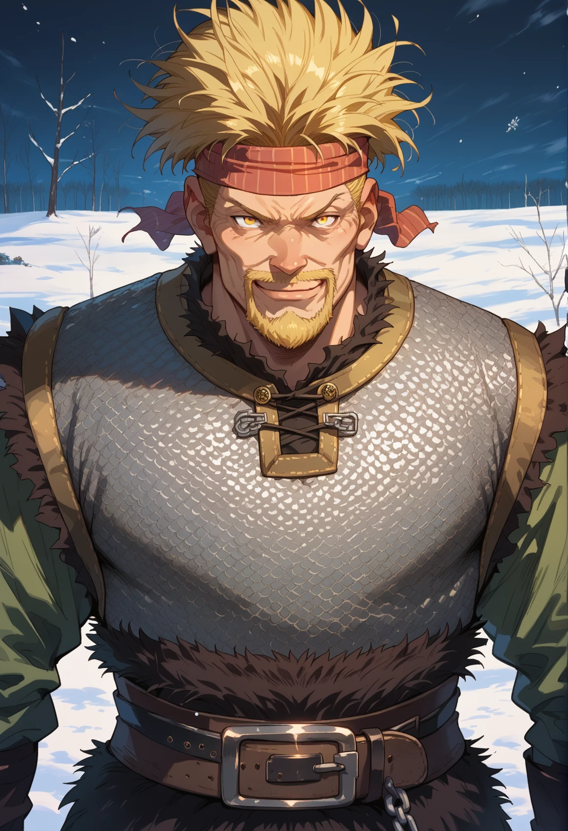 1boy, solo, <lora:Thorkell-v2:0.8> Thorkell, beard, mature male, (yellow eyes:1.15), chainmail armor, belt, headband, short green sleeves, snow, smug, looking at viewer,  <lora:Sinozick_Style_XL_Pony:0.85> sinozick style, flat color, dark theme, score_9, score_8_up, score_7_up, score_6_up