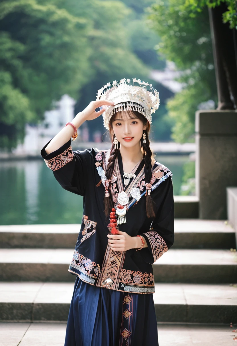 Score_9, Score_8_up, Score_7_up,miaoyuansu, miao1, 1girl, solo, black hair, jewelry, stairs, braid, earrings, long hair, twin braids, hat, bracelet, photo background, chinese clothes, standing, long sleeves, looking at viewer, outdoors, blurry, blurry background,  pants, shirt, realistic, white headwear, print shirt, brown hair, holding, looking to the side, dress, , highly detailed face, perfect detail face,  best quality, masterpiece,beautiful detailed eyes,<lora:miaoyuansuPONY-000010:0.9>