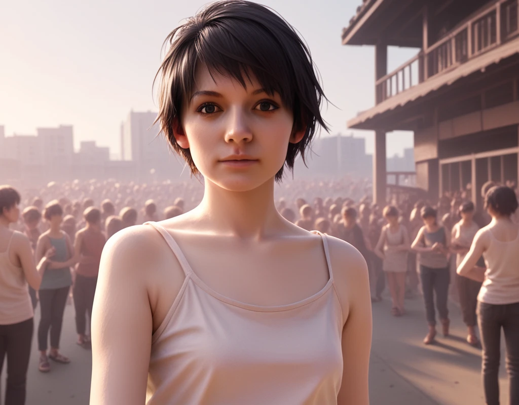 score_9, score_8_up, score_7_up,  <lora:Re7_Zoe_Baker:1> zoe-baker, re7, 1girl, solo, short hair, tank top, jacket, bandana, 1girl, black hair, looking at viewer, realistic, v, woodstock, music festival, crowd, scenery, photorealistic, spores, skin,