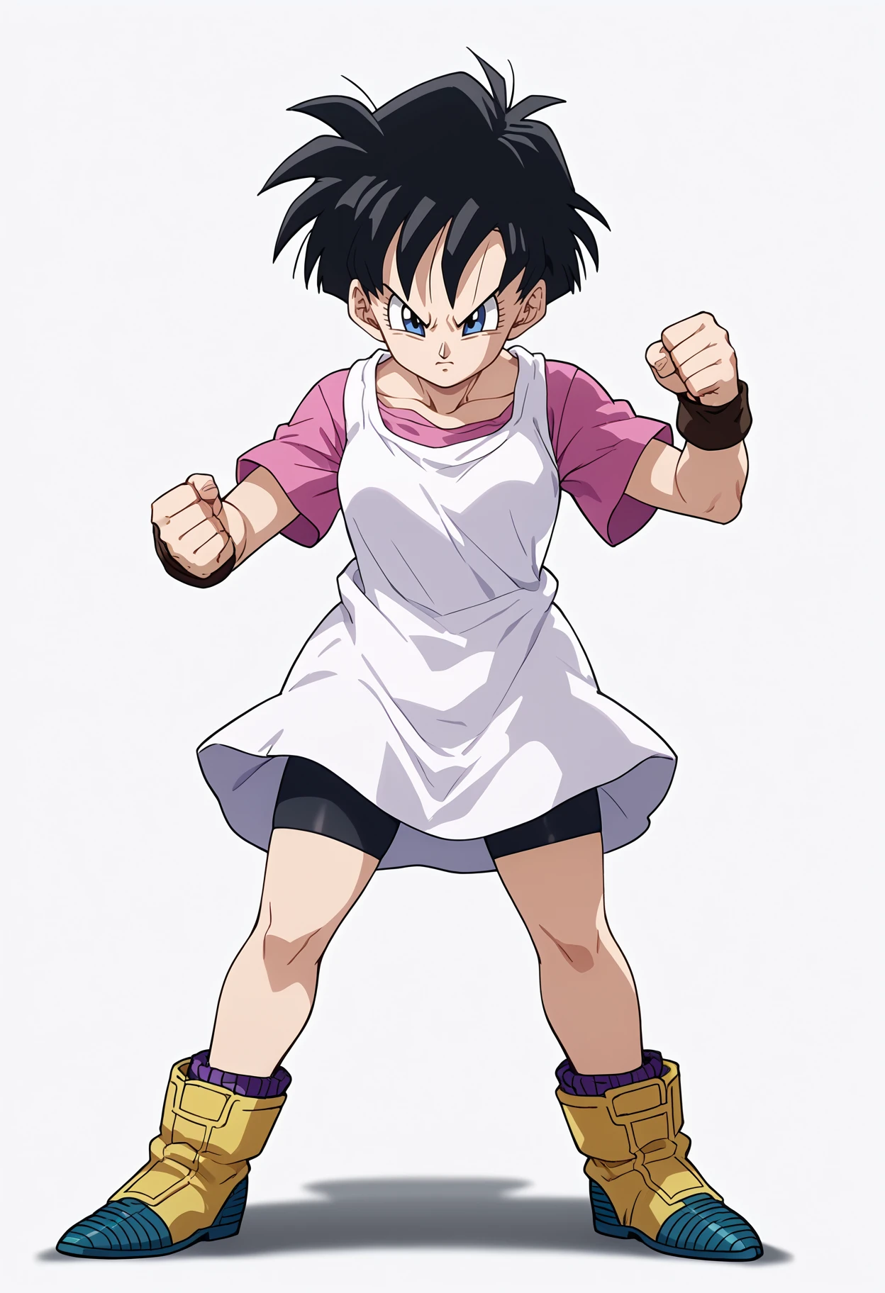 score_9, score_8_up, score_7_up, anime screencap, BREAK
1girl, videl, black hair, short hair, blue eyes, 
pink shirt, white sleeveless loose shirt, bike shorts, boots,
serious, full body, clenched hands, fighting pose,
standing, looking at viewer, solo, simple background, white background   <lora:VidelXL:1>