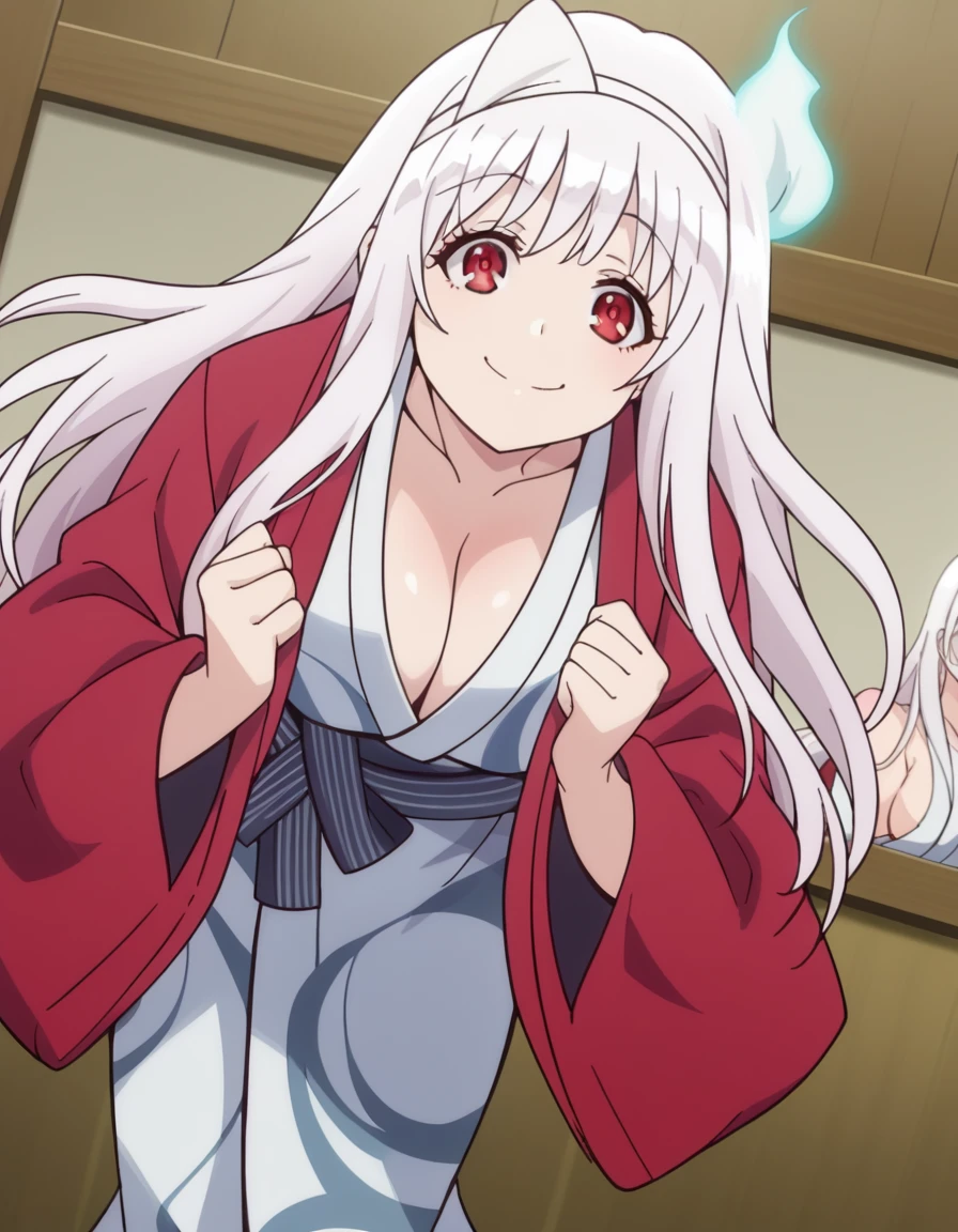 score_9, score_8_up, score_7_up, source_anime, <lora:yuuna-yunohana-s1-ponyxl-lora-nochekaiser:1>, yuuna yunohana, long hair, red eyes, white hair,, cleavage, japanese clothes, kimono, ghost, yukata, white kimono, triangular headpiece, albino, bath yukata, hanten (clothes),, indoors, bent over, smile, smug, looking at viewer, solo,, cowboy shot, dutch angle