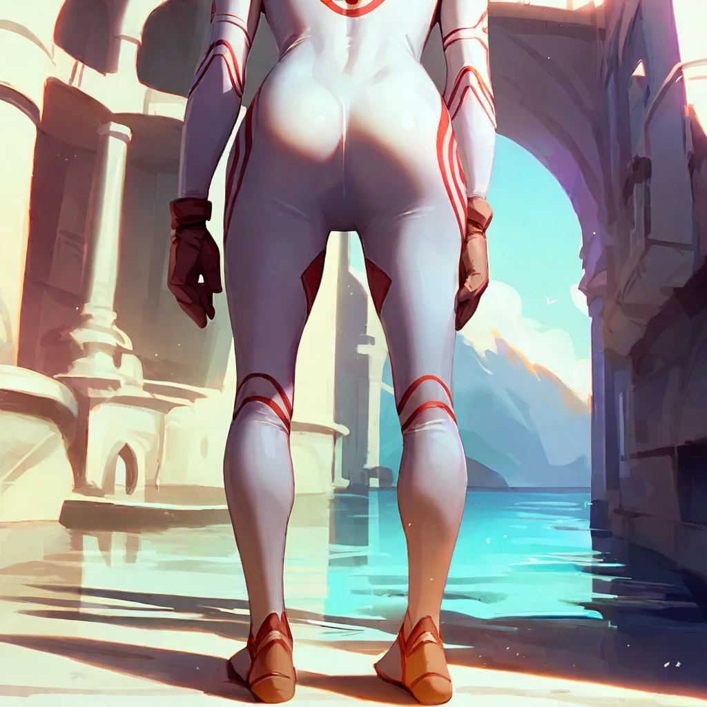 <lora:shirosbodysuit_pony_v3:1>   shiro's bodysuit    a girl in a white bodysuit is looking over the ocean, view from behind, score_9, score_6_up, score_7_up, [[full body shot,wide angle,full scene]]