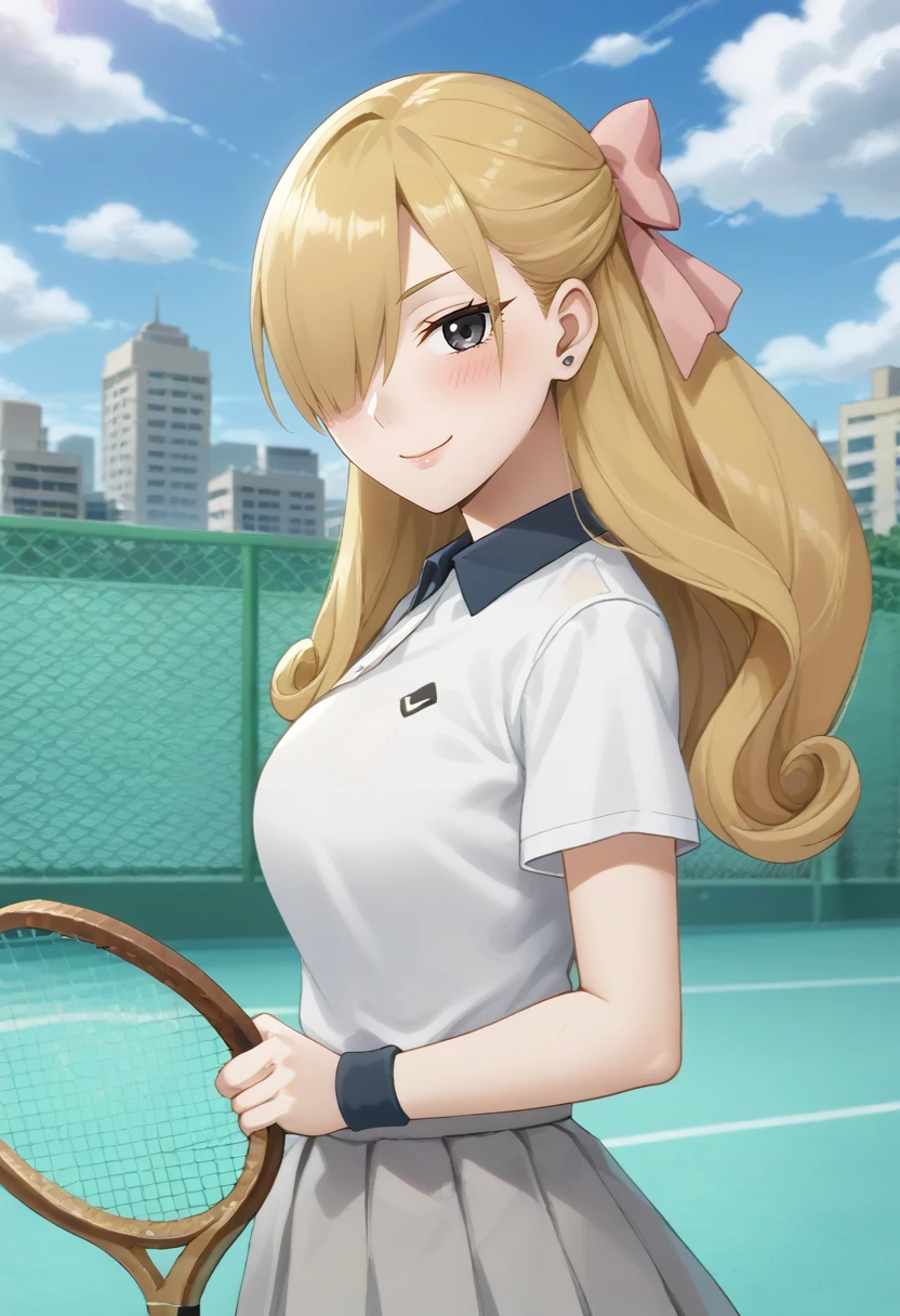 Tobari Phoney  , solo, standing, from side, looking at viewer, tennis uniform, holding tennis racket, smile, blush, outdoors, tennis court, clouds, fence, city<lora:FFA:1>