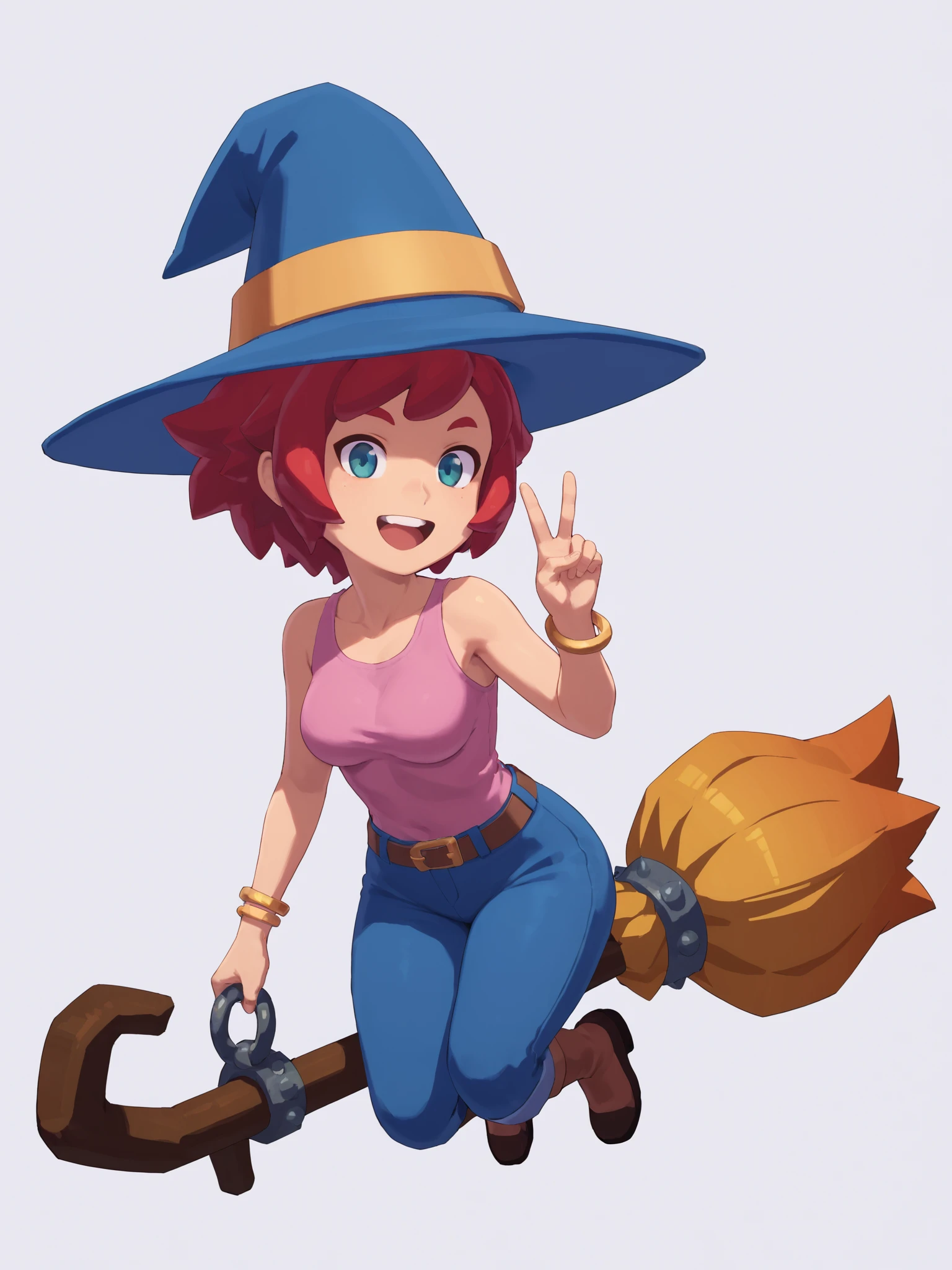 score_9, score_8_up, score_7_up, score_6_up, BREAK, white background, <lora:Mika_TheWitch_PDXLv0:0.5> mika, 1girl, witch hat, pink shirt, blue shorts, bracelet, v:1.2, aged up, medium breasts, solo, broom, broom riding, open mouth, smile