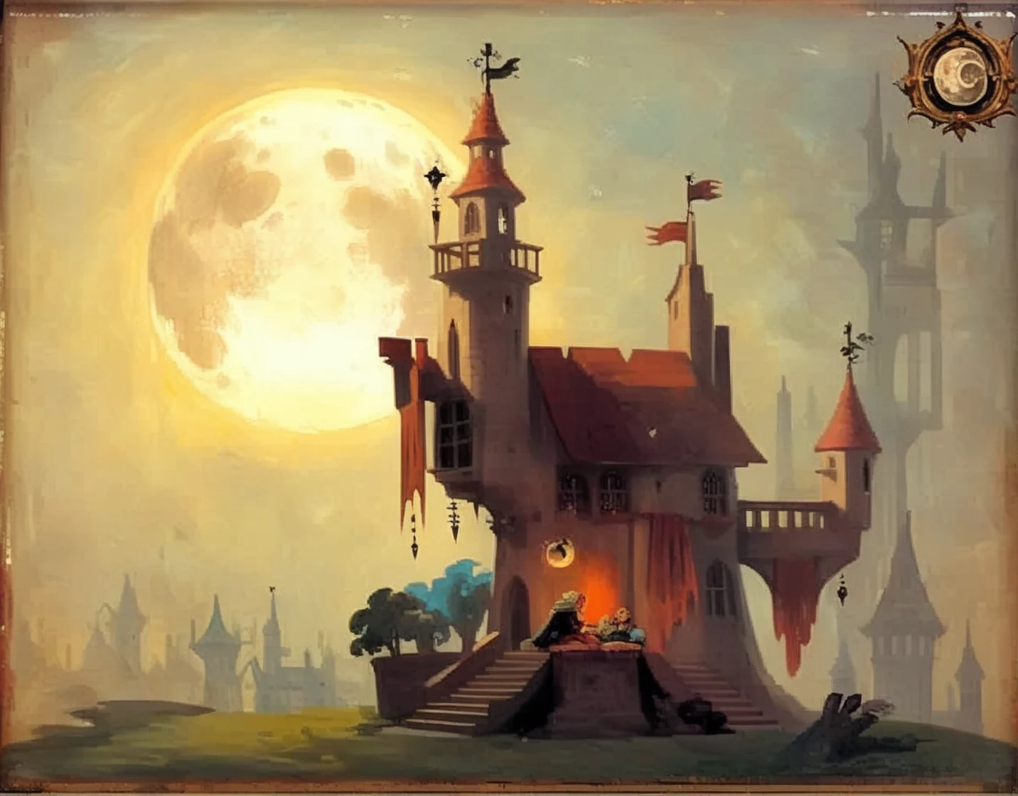 <lora:PetrusVanSchendel_pony_v1:1> 'Wizard's tower overlooking a sprawling magical realm ' by van schendel petrus in 1888, moon
genre painting \(genre\)
academicism \(style\), score_9, score_6_up, score_7_up