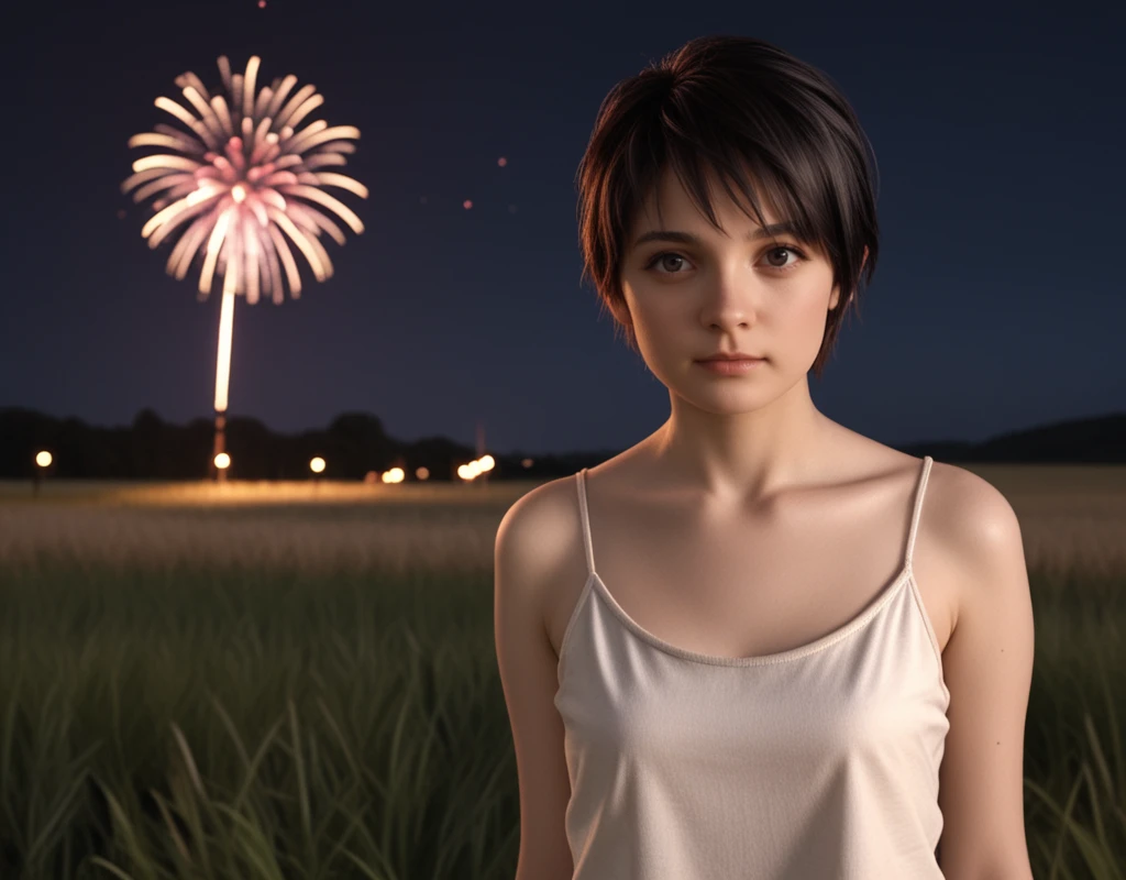 score_9, score_8_up, score_7_up, <lora:Re7_Zoe_Baker:1> zoe-baker, re7, 1girl, solo, short hair, tank top, jacket, bandana, 1girl, black hair, looking at viewer, realistic, v, woodstock, music festival, concert, scenery, grassland, field, fireworks, photorealistic, pores, skin,