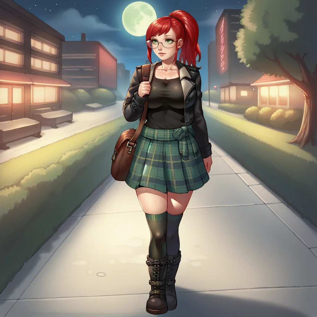 score_9,  solo,  <lora:Kanokang_Artstyle_Crystal_Maidens_-_Pony_XL:1> kanokangart,  <lora:Bandi_XL:0.7> bandi, red hair, glasses, freckles, ponytail, side bangs, side_locks, sidelocks, green eyes, large breasts, tartan skirt, jacket, shirt, shoulder bag, boots, long black socks, thighhighs, city park, night, outdoors, moon