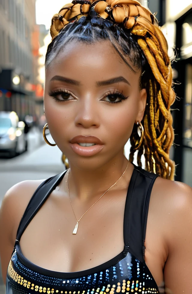 a woman wearing RandomLing , bubble booty,  tone athletic body, petit, small waist,  posing for a camera, Random Expression expression, 1girl, solo, Box braids hairstyle, dark skin, dark-skinned female, Fingers snapping ,jewelry, lips, at In the downtown district, <lora:Chloe_Bailey:.8> <lora:bubble_butt_v3-sdxl-LoRA:.6> <lora:Expressive_H:.7> <lora:style_lora_dadaptadam_realis:.9>, full body <lora:Muscle_Bimbo_SDXL:.18> <lora:add-detail-xl:.85> <lora:Microwaist_XL_v01:.6>