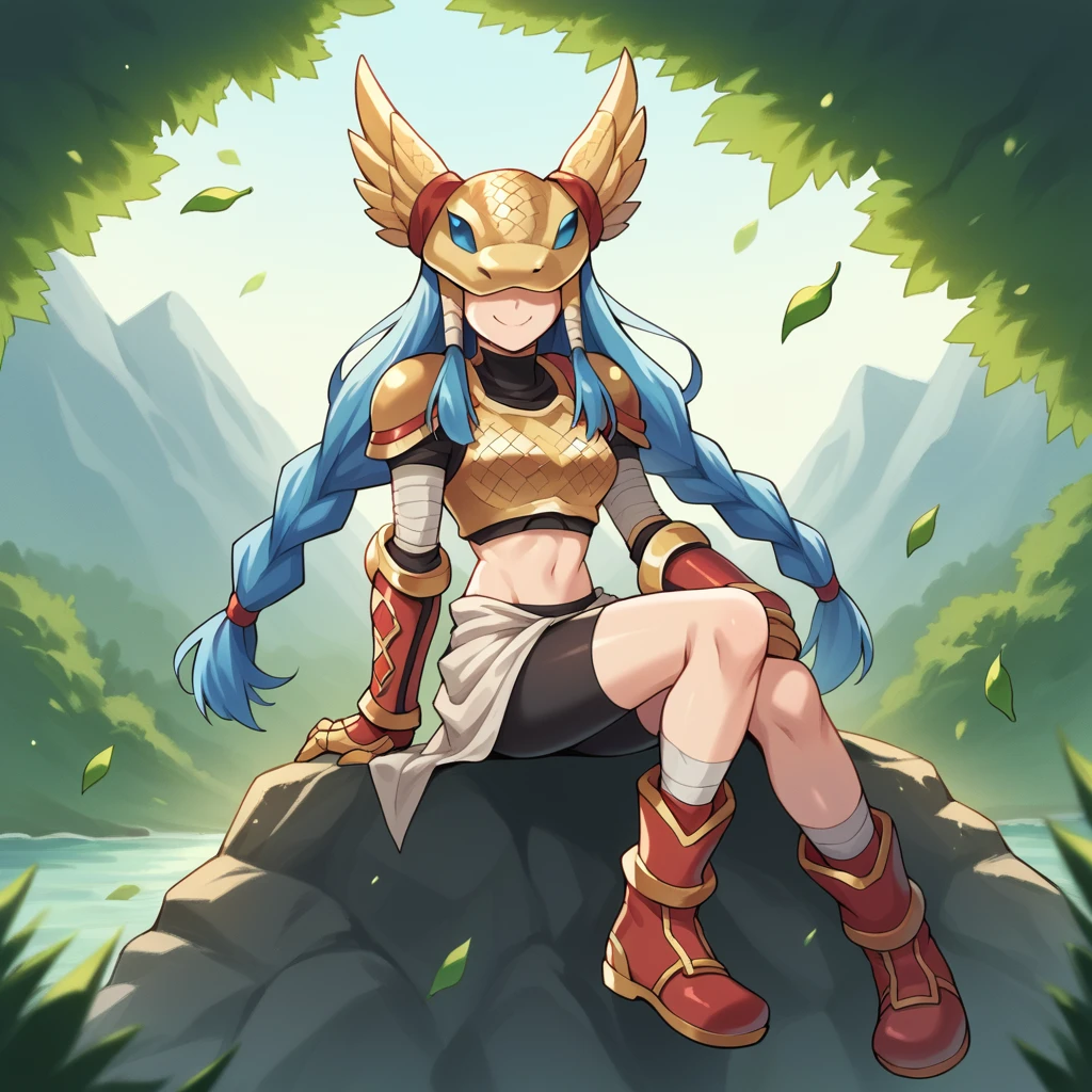 score_9_up, score_8_up, score_7_up, source_anime, masterpiece, best quality, 1girl, solo, Mvon, Minervamon sunlight through leaves, sitting on rock, excited smile, closed mouth, dangling legs, red ankle boots, long hair, blue hair, twin braids, covered eyes, helmet over eyes, snake head, midriff, scale armor, breastplate, shoulder armor, bike shorts, winged helmet, white sarong, black sleeves, gauntlets, armor, dynamic cowboy shot, outdoors, forest mountains river, background