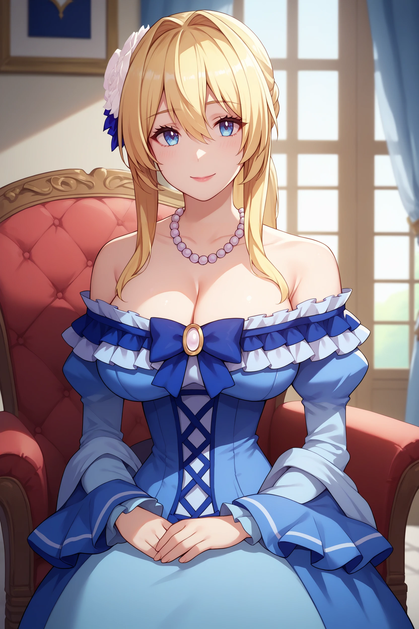 score_9, score_8_up, score_7_up, score_6_up, source_anime, 1girl, solo,  <lora:elishaelfrieden-pdxl-nvwls-v1-000004:1> erisha, blonde hair, ponytail, hair intakes, hair between eyes, long hair, hair ornament, hair flower, pearl necklace, blue dress, off-shoulder dress, frills, cleavage, blue bow, long sleeves, large breasts, looking at you, indoors, chair, mansion, curtains, happy