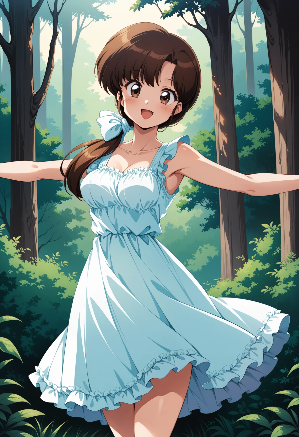 (masterpiece, best quality, very aesthetic, ultra detailed), intricate details, 4k, aakasumi, hair over shoulder, brown hair, brown eyes, long hair, medium breasts, low ponytail, <lora:tendou_kasumi_animagine_v1:0.9>, sundress, outstretched arms, forest, smile, open mouth,