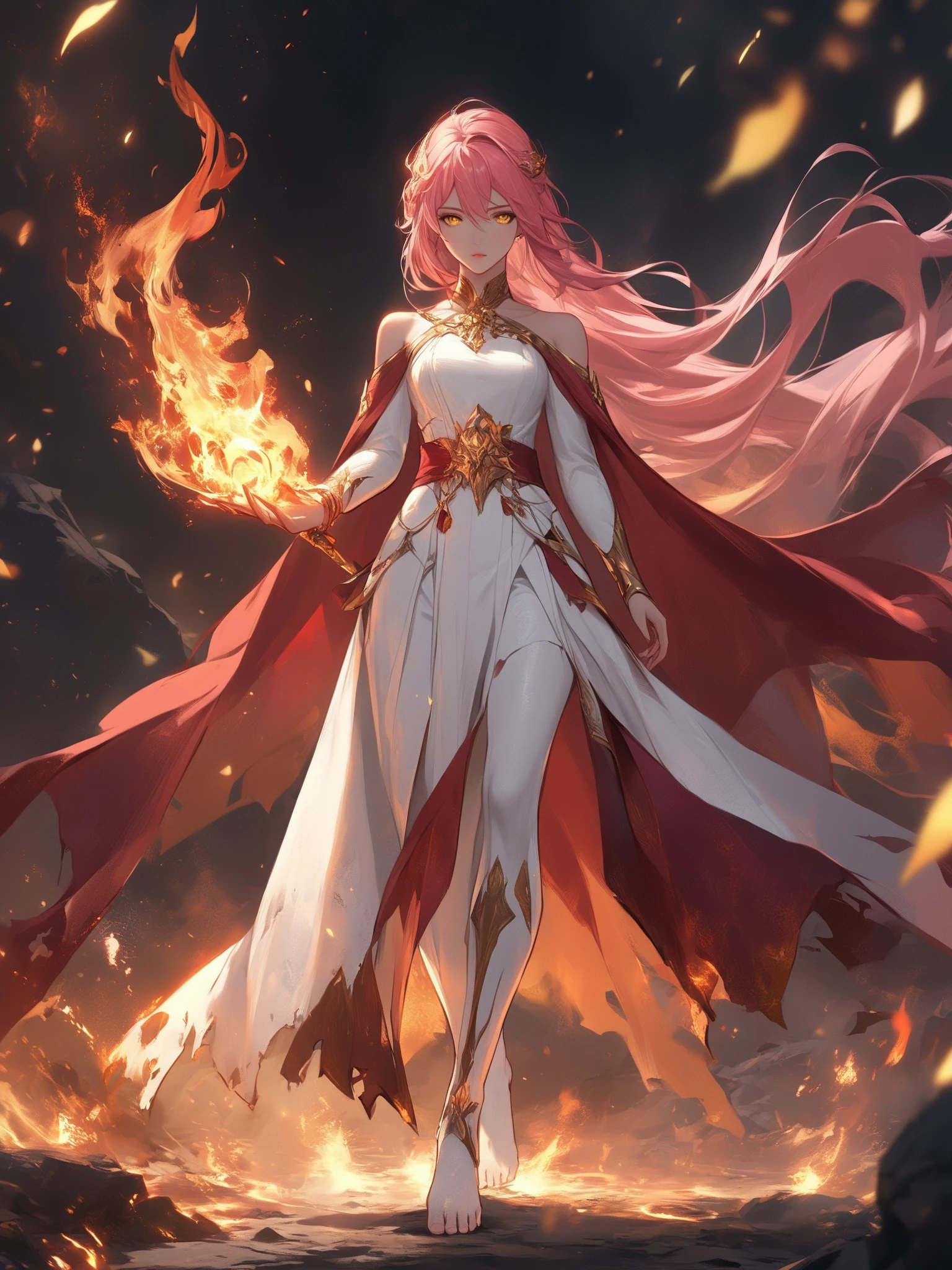 FRESHIDEAS,A powerful, fiery scene featuring a girl with long pink hair, standing barefoot amidst a burning landscape at dusk. Her hair blazes **** fire, matching her intense yellow eyes. She wears a flowing, white cloak with gold accents over a burnt orange dress that contrasts with the fiery surroundings. Her cloak and dress are tattered, with embers clinging to the fabric. In one hand, she holds a burning leaf, and in the other, a flaming sword. Her torn red cape, now accented with shades of deep purple and black, billows in the wind as sparks and embers surround her. The background shows a mountainous horizon with a volcano spewing molten rock, and a dark cave glowing with eerie blue fire. The sky is a gradient of orange to purple, reflecting the autumn leaves around her, while a phoenix rises from the flames in the distance. The scene also includes Halloween elements **** jack-o'-lanterns, ginkgo leaves, and distant fireworks, adding to the mystical and dramatic atmosphere