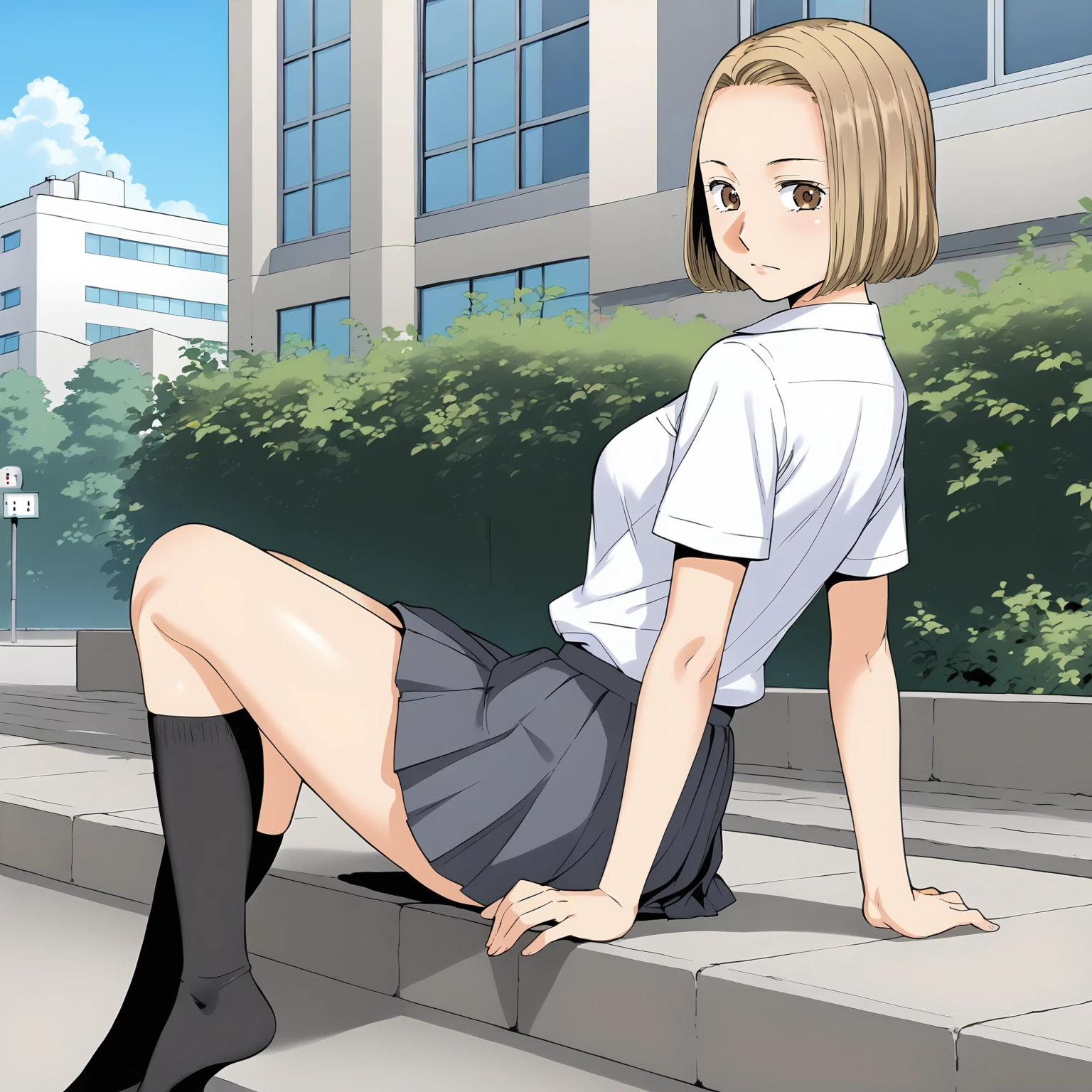 <lora:KZ_TomonoNiiyamaXLpony001>,
solo,
TomonoNiiyama,1girl,blonde hair,bob_cut,forehead,brown eyes,
medium breasts,
dress_shirt,short_sleeves,
pleated_skirt,
black socks,knee length socks,
outdoors,sitting,looking back,