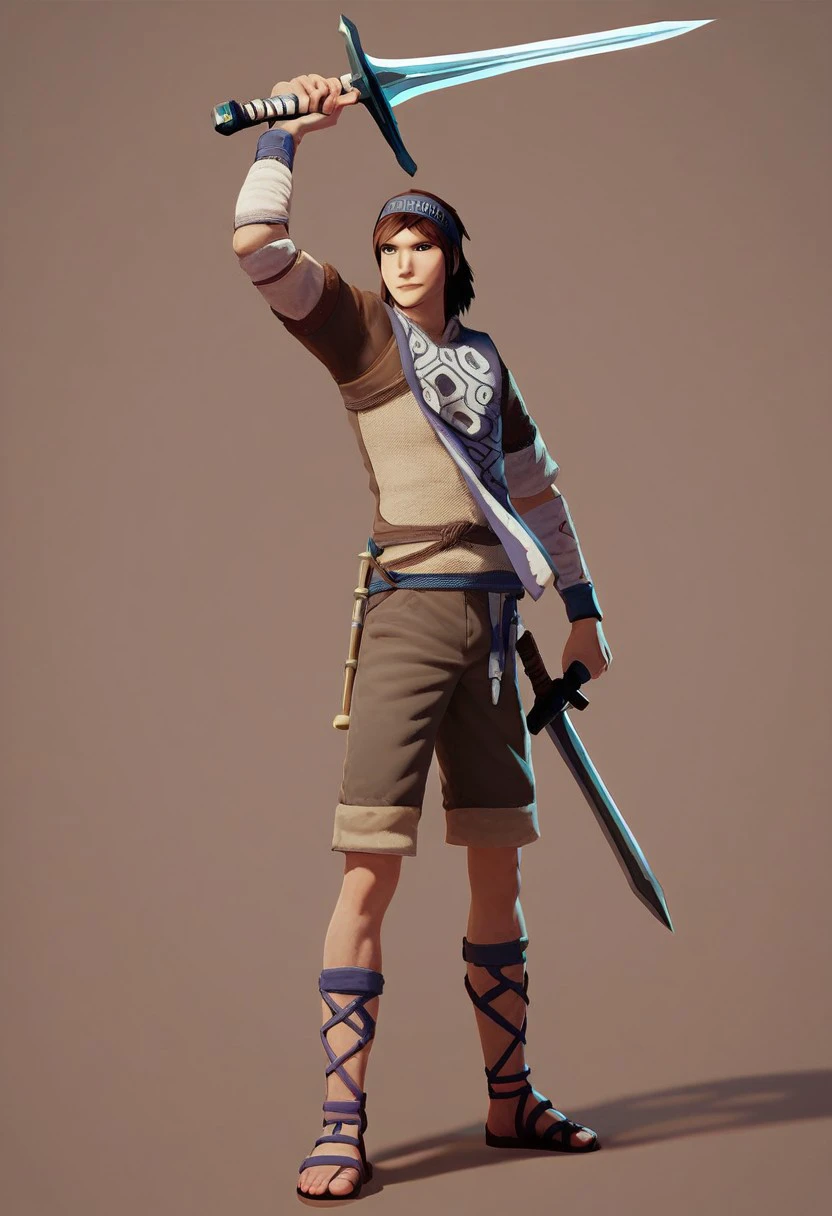 ,score_9, score_8_up, score_7_up, 
SOTCWanda, solo, looking at viewer, simple background, brown hair, 1boy, holding, standing, full body, weapon, male focus, shorts, sword, holding weapon, headband, holding sword, sandals, brown background