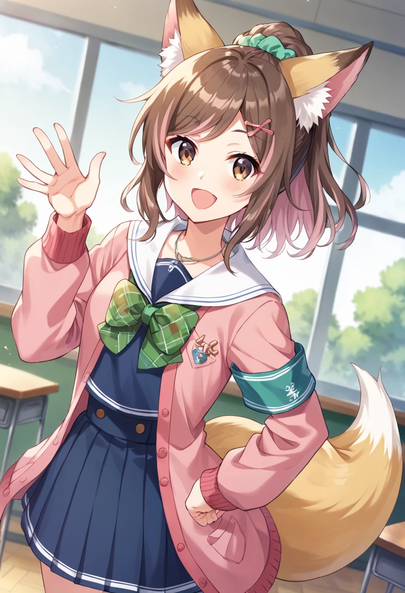 score_9,score_8_up,score_7_up,source_anime,masterpiece,best quality,game cg,1girl,solo,little_girl,brown eyes,brown hair,pink hair,hair ornament,multicolored hair,scrunchie,fox ears,ponytail,fox tail,school uniform,bow,blue skirt,blue shirt,long sleeves,armband,necklace,pink cardigan,open jacket,green bow,sailor collar,<lora:kittunSB69:1>,arm across waist,cowboy_shot,looking_at_viewer,classroom,smile,open mouth,waving,dynamic_angle,window,