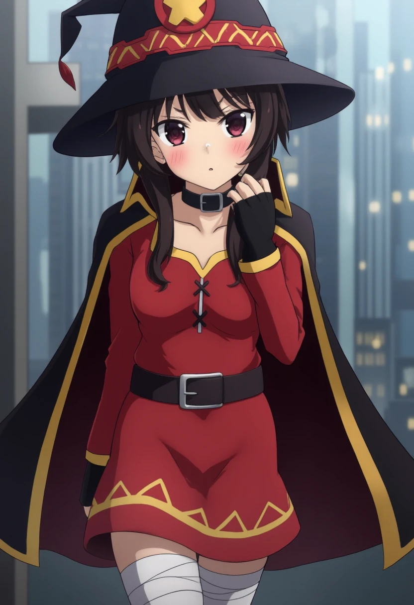 a high quality cinematic anime screencap of megumin wearing a witch hat and a cape, dressed in a red long sleeved strapless dress with a brown belt wearing black fingerless gloves and a collar, she wears bandages on her left left and black thighhighs on her right leg, she is looking at the camera, city background,