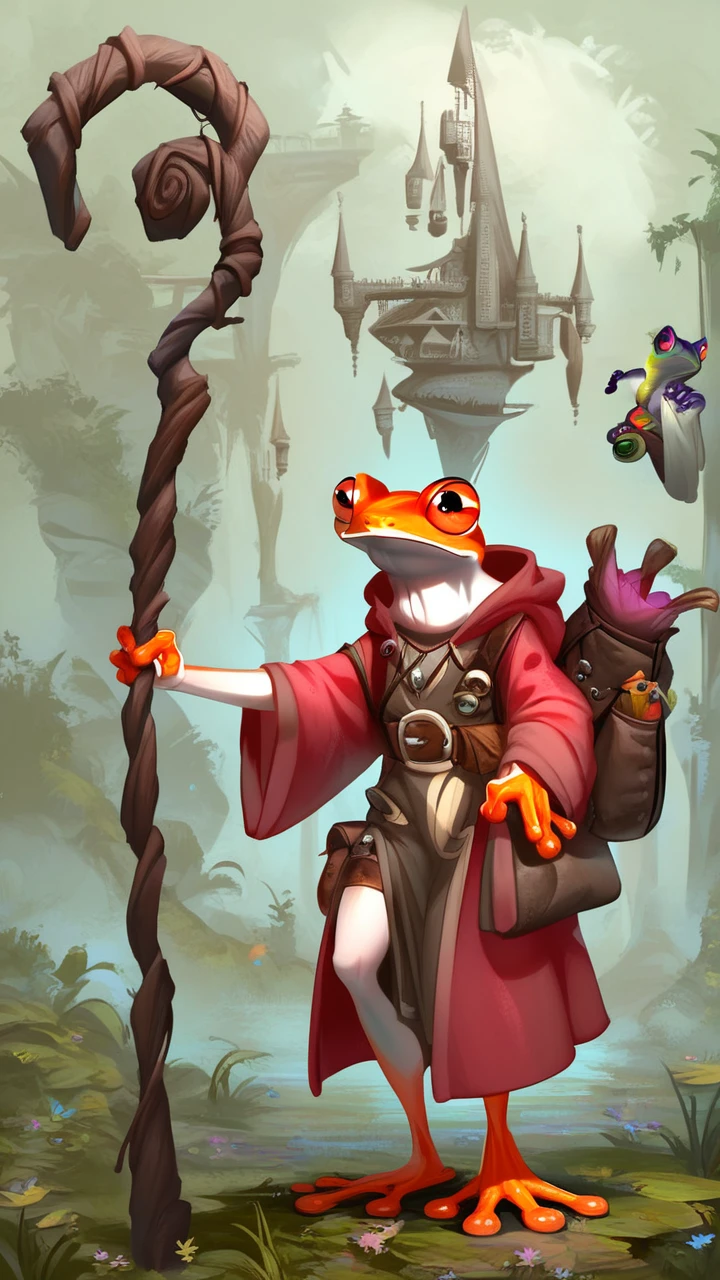 score_9,score_8_up,score_7_up,gr1ppl1,pathfinder grippli,anthro frog,orange eyes,black pupils,white skin,belt,robe,pouch,weapon,staff,holding staff,indoor,wizard tower,