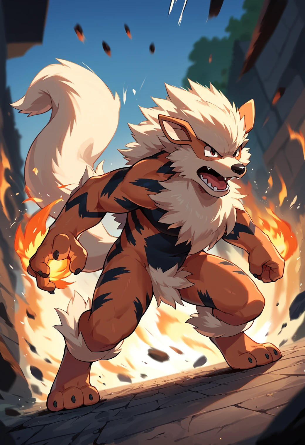 score_9, score_8_up, score_7_up, score_6_up, source_furry, dof, full-length portrait, solo, blurred background,  <lora:POKEMON_ARCANINE:1> arcanine, pokemon (creature), cinematic, action, motion blur, dynamic angle, fire