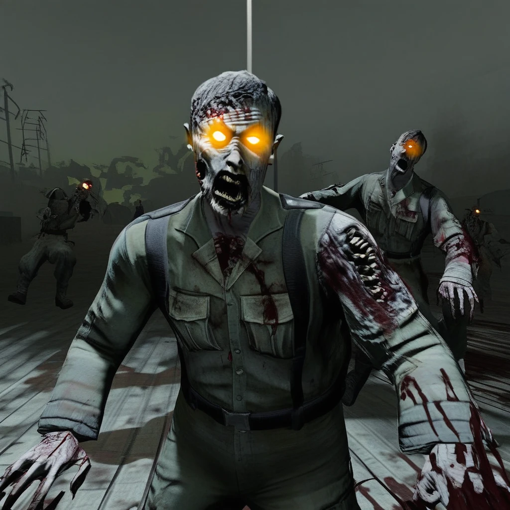 Zombie at war against robots to take over the world, periodo da noite, With rain and thunder, Dead zombies on the ground and broken robots on the ground, guerra com poderes, HD, 4K