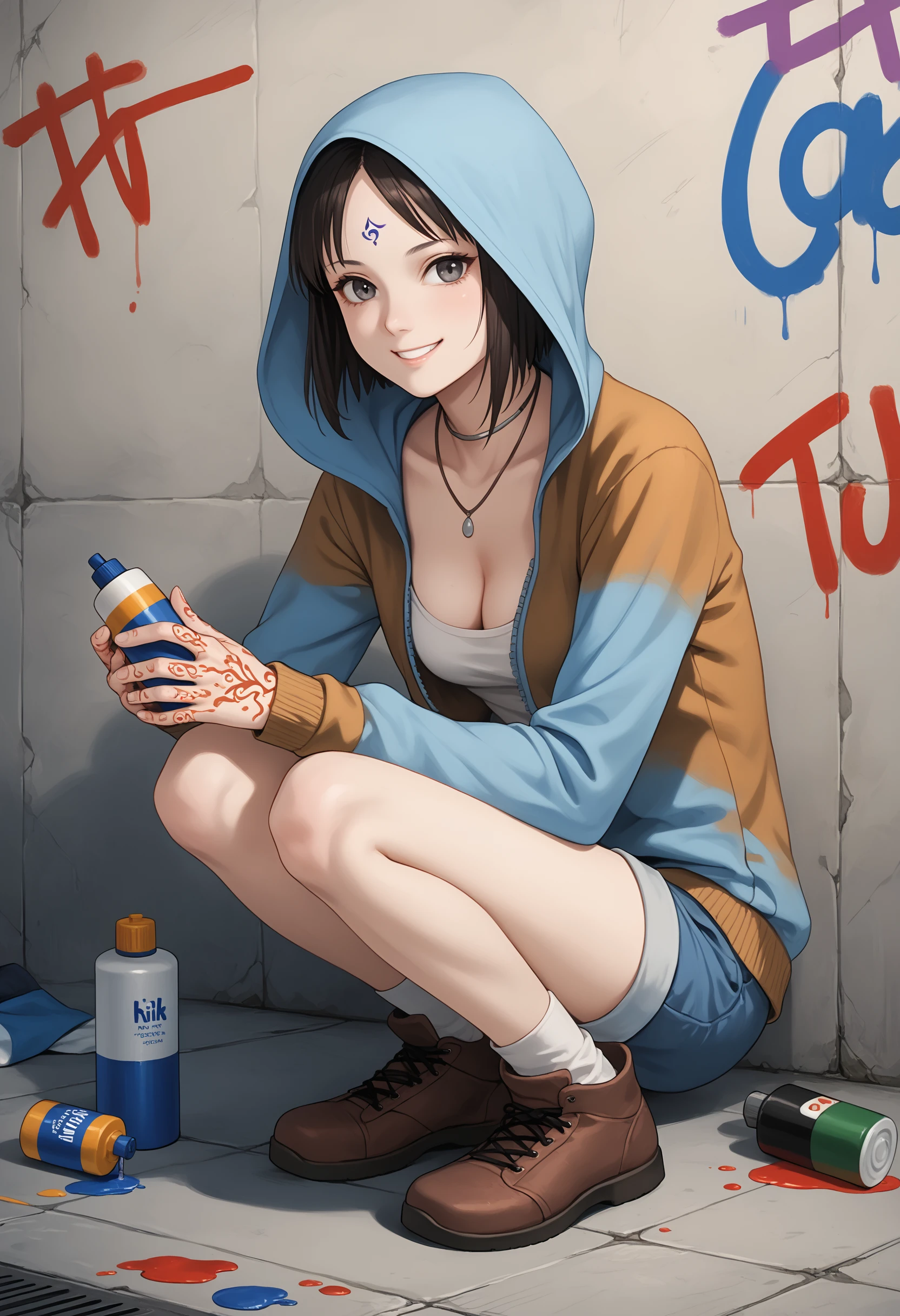 score_9, score_8_up, score_7_up, full body, source_3d, BREAK 1girl, solo, a woman, skinny, thin, k4t, necklace, hoodie, hood, henna, shorts, jacket, cleavage, forehead mark, pale skin, dark hair, long bangs, short hair, tube on back, smile, spray paint, graffiti,   highly detailed, trending, <lora:DMC_kat_PONY:1>,