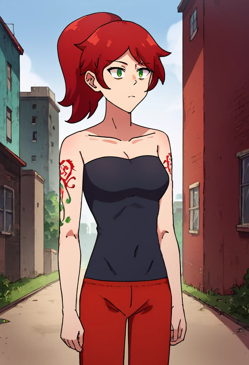 PonyXLV6_Scores, source_anime,1girl,natashamrb, <lora:NatashaMRBPony:0.85>,standing,arms at sides,red hair,tattoo,ponytail,strapless,red pants,expressionless,medium breasts,slum,concrete buildings,outdoors,cowboy shot, <lora:Pony_Diffusion_XL_Team_Yell_Grunt_artist_style_-_MY_Art_Style:1>