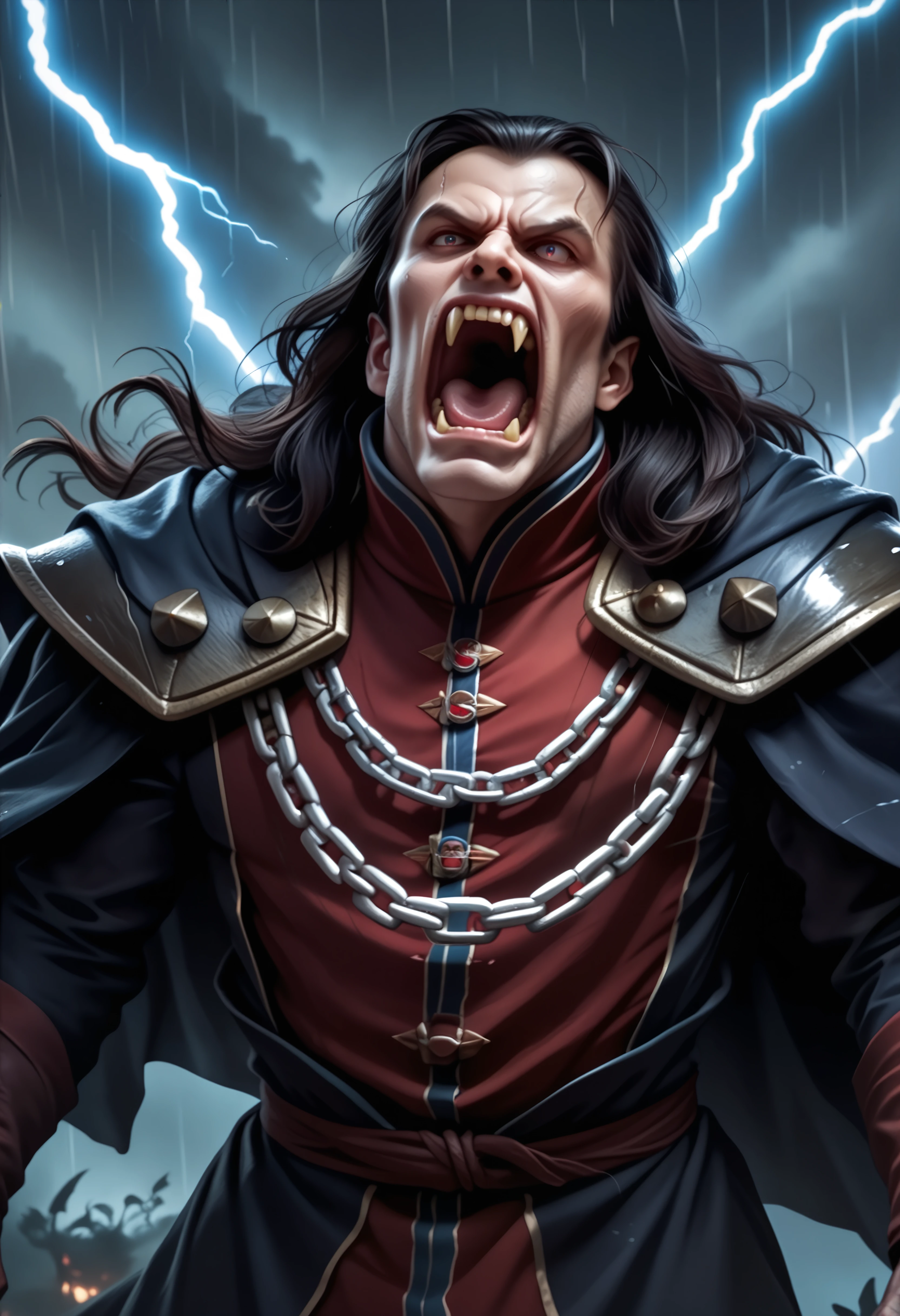 score_9, score_8_up, score_7_up BREAK 1boy, strahd, colored skin, pale skin, pointy ears, long hair, high collar, black cape, cloak chain, red doublet, shoulder armor, fur trim, fangs, furious, yelling, clenched fists, rain, lightning <lora:clamStrahdPDXL_v20:1>