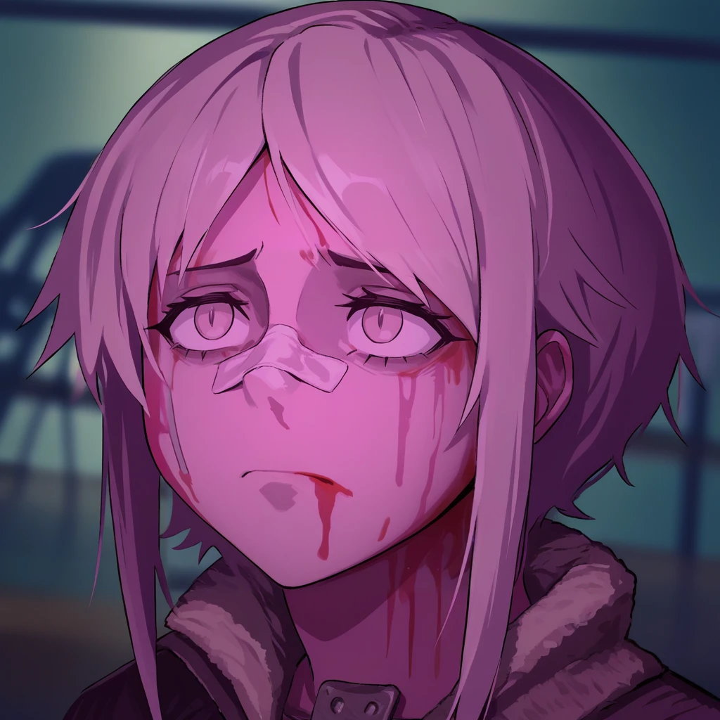 score_9, score_8_up, score_7_up, score_6_up, score_5_up, score_4_up, zPDXL2,source_anime,rating_questionable, <lora:Blade_Runner_Meme:1> Blad3Runner, closed mouth, portrait, blood on face, bandaid on nose, bandaid on face,blurry background, pink lighting,night, dark