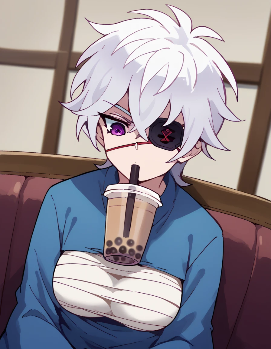 score_9, score_8_up, score_7_up, source_anime, <lora:oboro-shintou-s1-ponyxl-lora-nochekaiser:1>, oboro shintou, purple eyes, white hair, eyepatch,, <lora:bubble-tea-challenge-ponyxl-lora-nochekaiser:1>, bubble tea challenge, bubble tea, object on breast, drinking straw, drinking straw in mouth, drinking, cup,, indoors, sitting, looking down, , cowboy shot, dutch angle