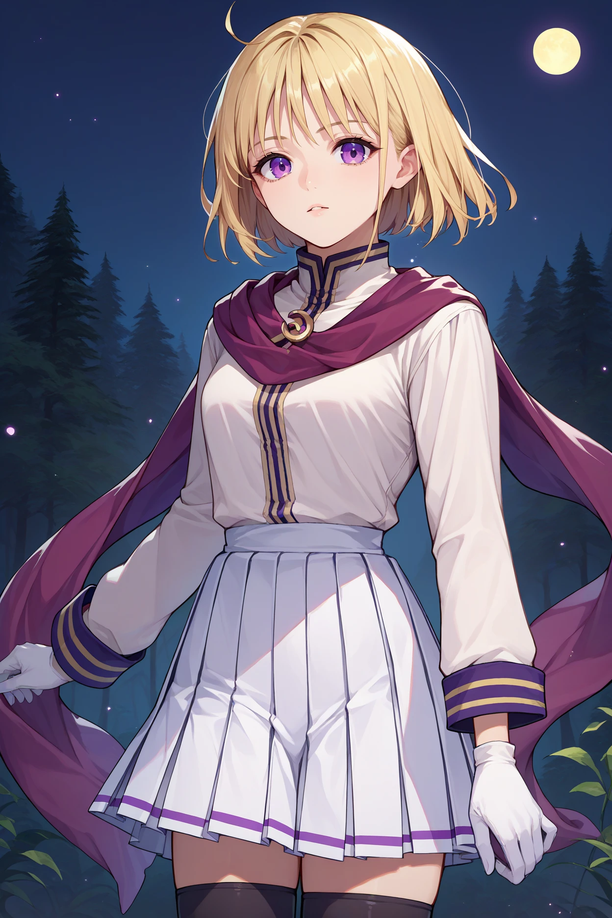 score_9, score_8_up, score_7_up, score_6_up, source_anime, 1girl, solo <lora:yselena-pdxl-nvwls-v1-000005:1> ysElena, blonde hair, purple eyes, purple scarf, long sleeves, white skirt, pleated shirt, white gloves, black thighhighs, looking at you, night sky, forest