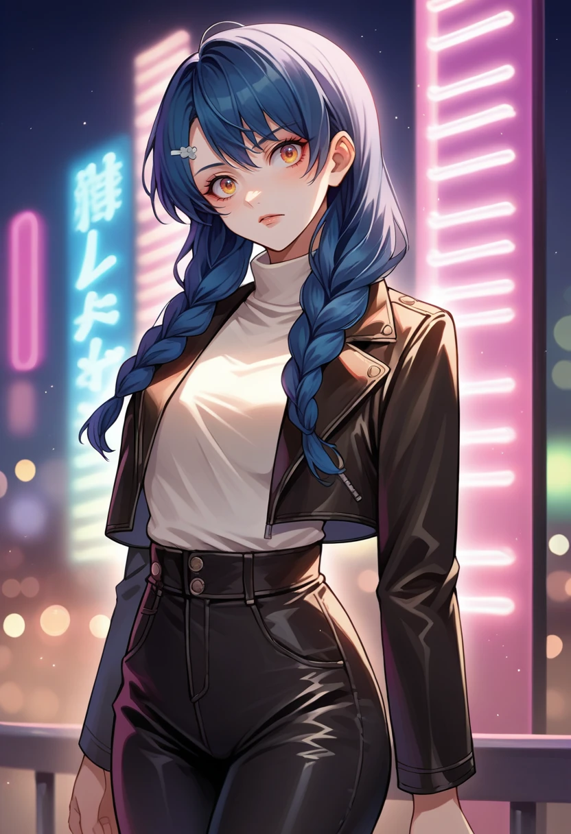 score_9, score_8_up, source_anime, 1girl, solo, MegumiTadokoro, long hair, twin braids, hairclip, cowboy shot, nightclub, neon lights, bokeh, depth of field, makeup, leather jacket, turtleneck, high waist pants, <lora:ChamMegumiTadokoroPonyXL:1>