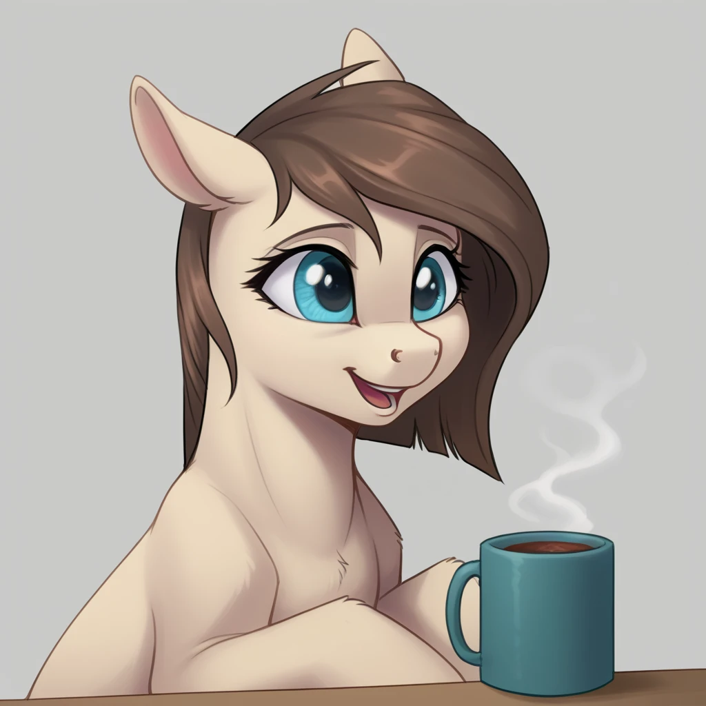 score_9, score_8_up, score_7_up, gray background, solo, blue eyes, furry, open mouth, cup, brown hair, smile, 1girl, no humans, animal ears, by difetra, Tera, equid, equine, hasbro, my little pony, feral, female, quadruped, hair