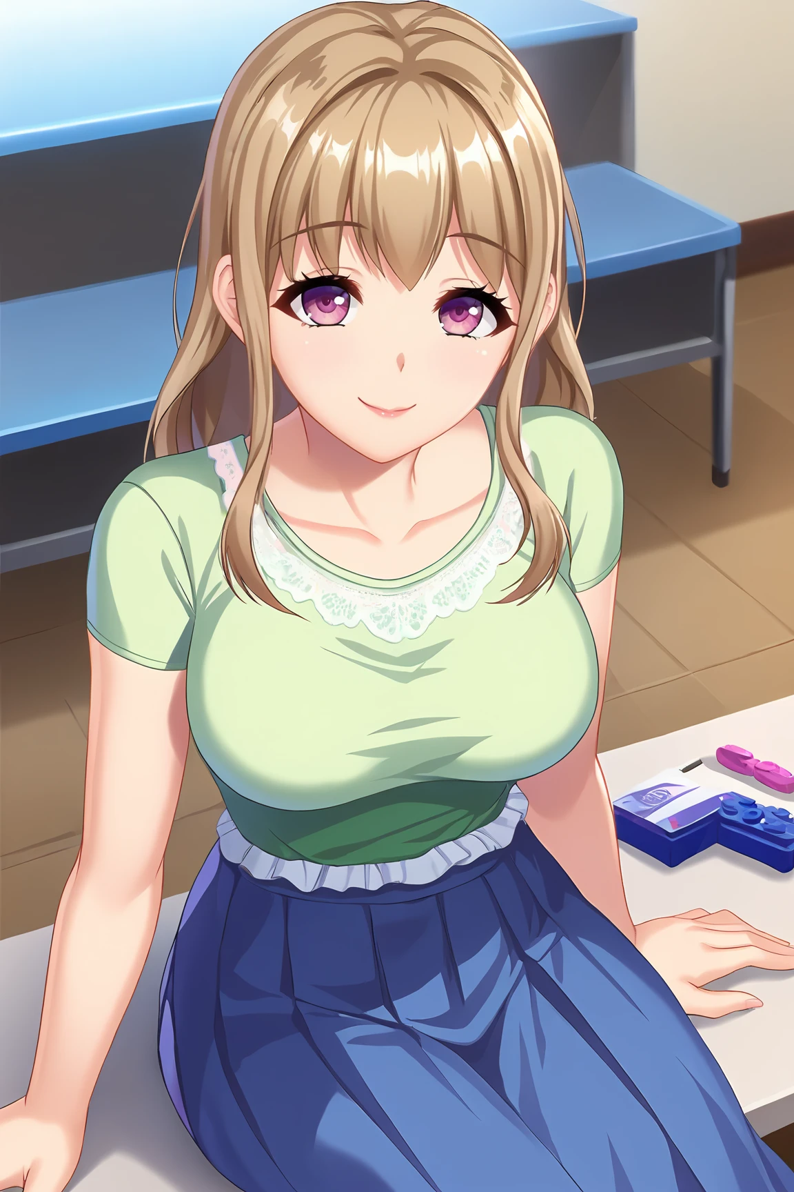 score_9, score_7_up, source_anime, 
BREAK
solo, 1girl, 
<lora:KoshimizuSanae-02:0.8>,
KoshimizuSanae, pink eyes, purple eyes,
light green shirt, short sleeves, blue skirt, long skirt, pleated skirt, collarbone, lace-trimmed shirt, shirt over skirt, white lace, white frills,
BREAK
smile, (troubled eyebrows:0.6), 
Cosmetics Store, 
Sitting, on back, 
dutch angle,