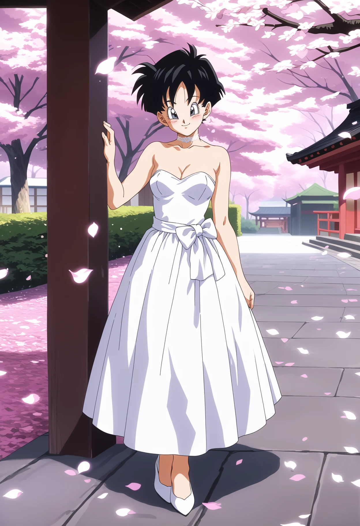 score_9, score_8_up, score_7_up, anime screencap BREAK
1girl, videl, black hair, short hair,
choker, white high heels, strapless wedding dress, looking at viewer, blush, smile, petals, cherry trees, solo, japanese park background  <lora:VidelXL:1>