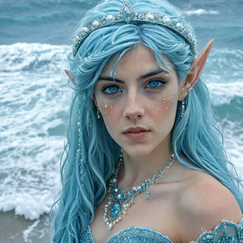 An upper body photo of an elegant elven princess with long, flowing turquoise hair that mirrors the color of the ocean waves behind her. She wears a delicate silver tiara adorned with pearls and sea-inspired jewels, which perfectly complements her piercing blue eyes. Her gown is a shimmering shade of aqua, embellished with intricate beading and gemstones that reflect the light like the sea itself. The background is a dynamic seascape with waves crashing onto the shore, blending the beauty of the ocean with the ethereal grace of the elven princess.