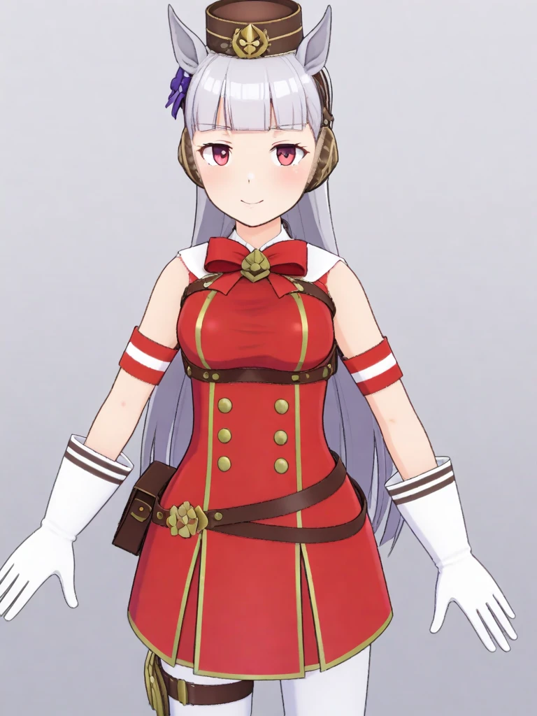 score_9, score_8_up, score_7_up, score_6_up,
source_anime, natural skin, detailed skin,
1girl,standing,simple_background,
rating_safe,(waving_hands:0.6),
looking_at_viewer,
gold_ship, silver hair, earmuffs, headset, white_gloves,
sleeveless, blunt_bangs, bangs, mini_hat, hat, horse_ears,
animal_ears, pantyhose, white_footwear, red skirt,
red_bow, belt, porch, holster, bare_shoulders, thigh_strap, armband,
<lora:hyper_sdxl8steps:0.8>
<lora:goldship:0.8>